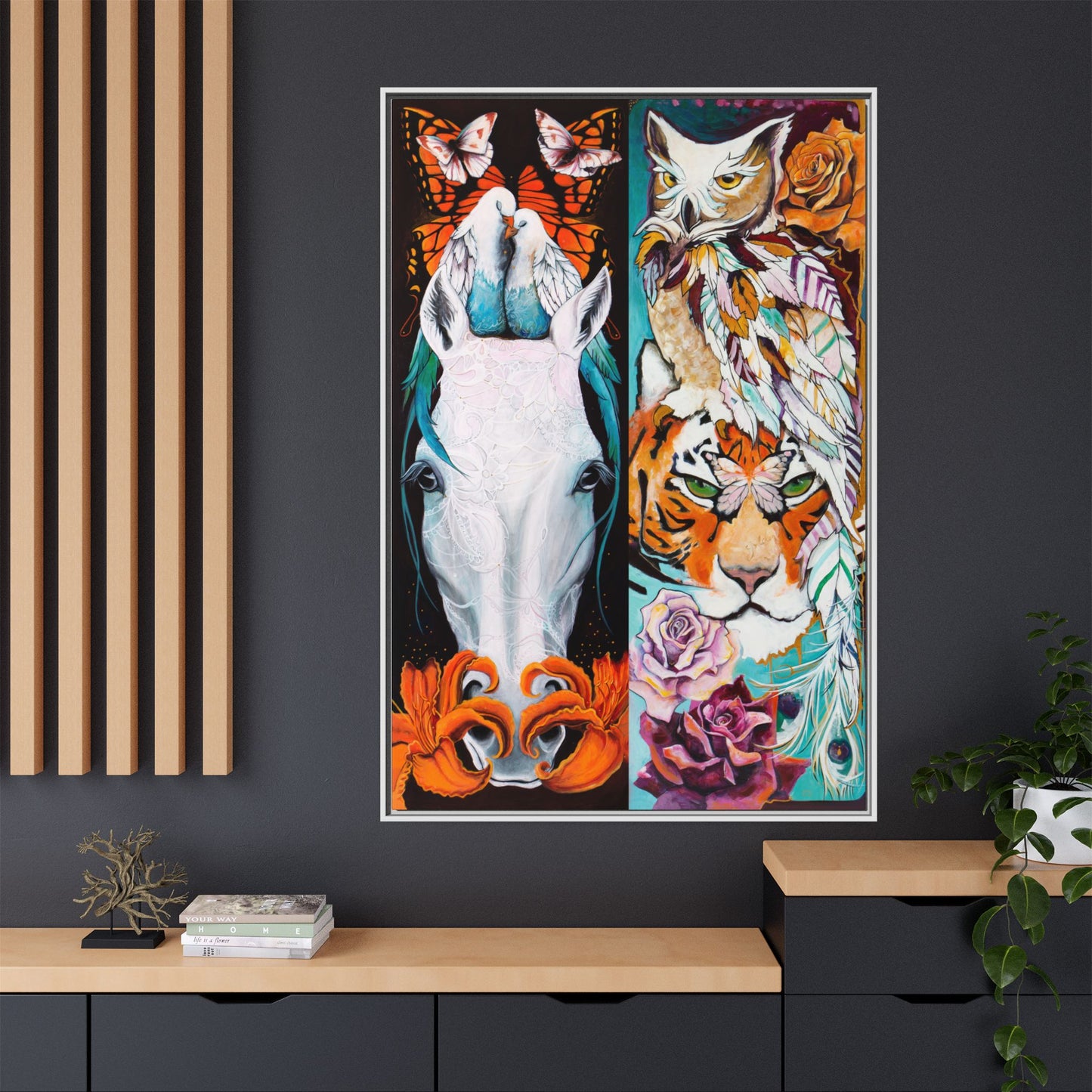 "The Tiger and The Mare" Framed Canvas Fine Art Reproduction by Zabrina Fine Art