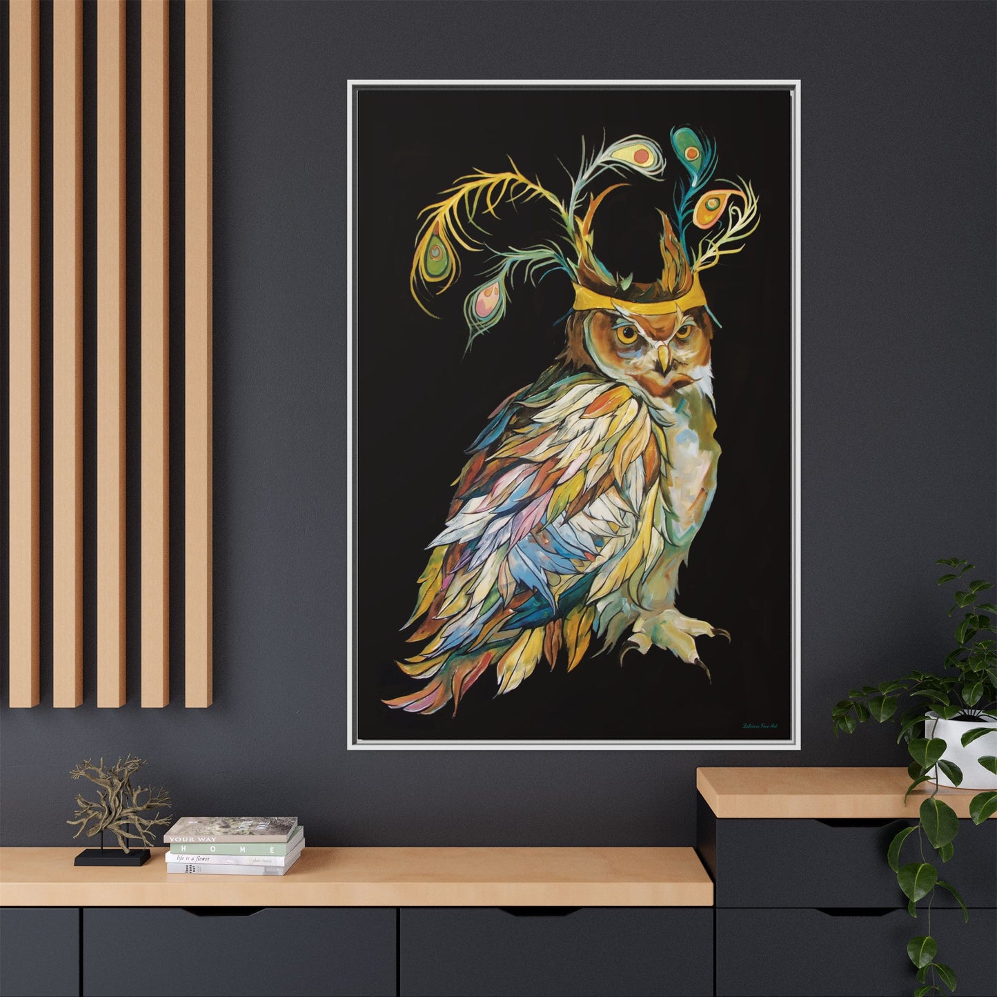 "Owl In A Peacock Crown" Framed Canvas Fine Art Reproduction by Zabrina Fine Art