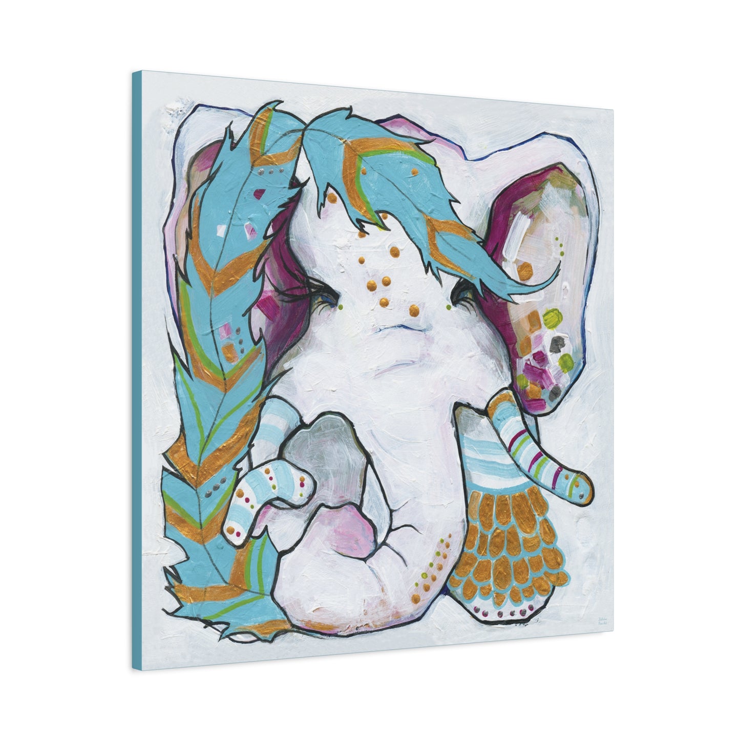 "Blue Feather Elephant" Unframed Canvas Earthy Blue Edge Reproduction by Zabrina Fine Art