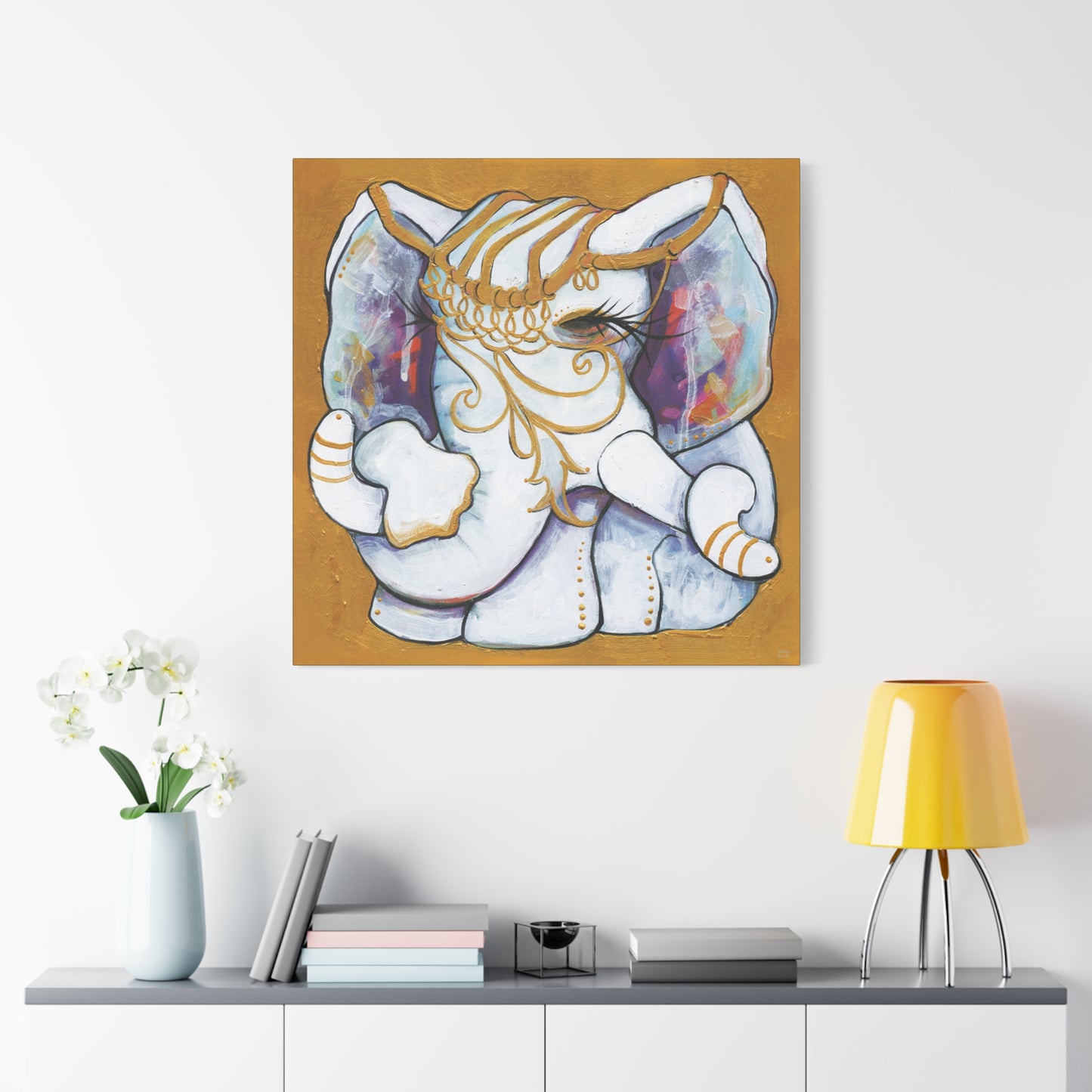 "Gold and White Elephant" Unframed Canvas Black Edge Reproduction by Zabrina Fine Art
