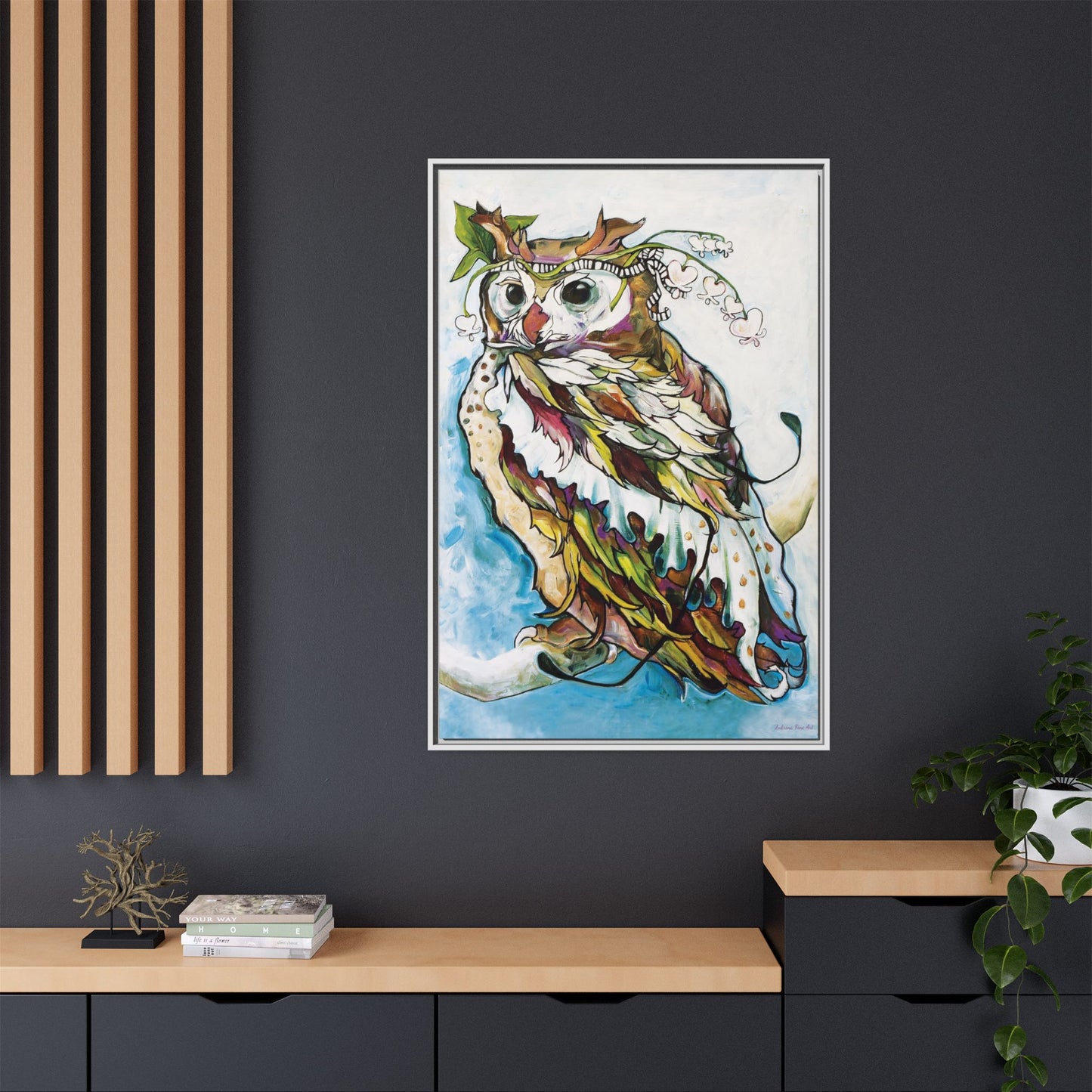 "Owl In Bleeding Hearts Crown" Framed Canvas Fine Art Reproduction by Zabrina Fine Art