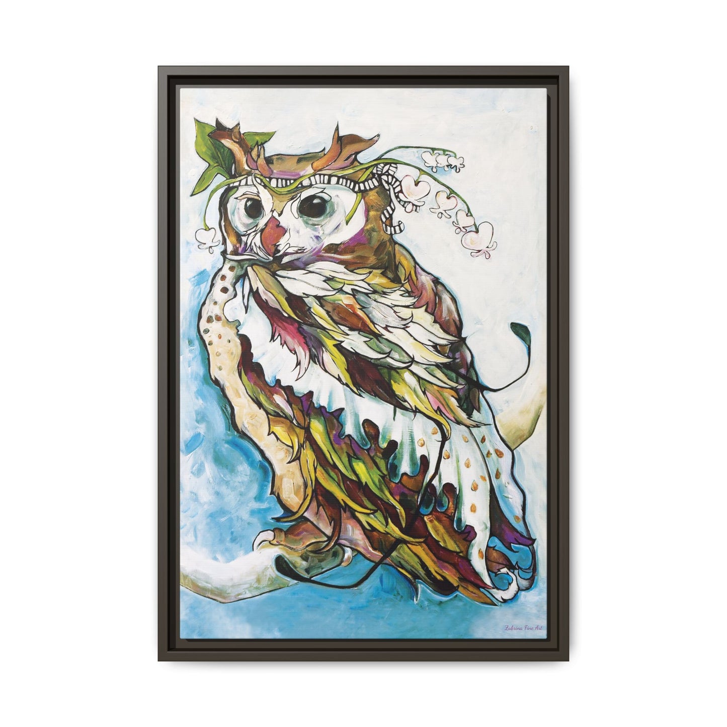 "Owl In Bleeding Hearts Crown" Framed Canvas Fine Art Reproduction by Zabrina Fine Art