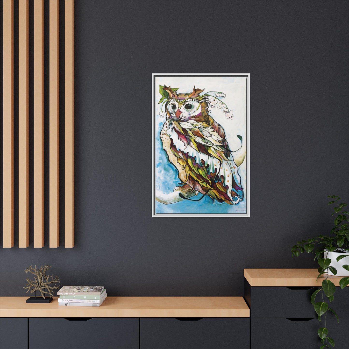 "Owl In Bleeding Hearts Crown" Framed Canvas Fine Art Reproduction by Zabrina Fine Art