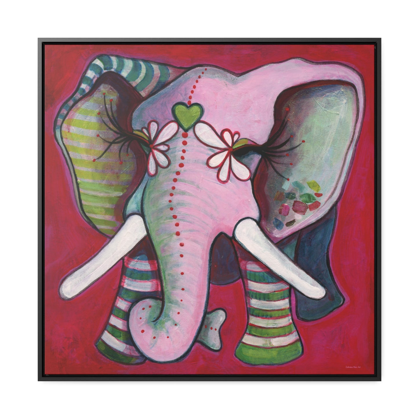 "Green Heart Elephant With Red" Framed Canvas Fine Art Reproduction by Zabrina Fine Art