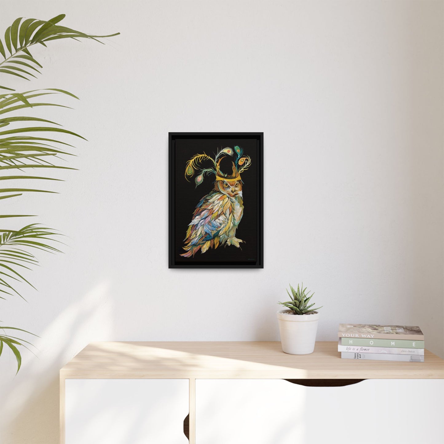 "Owl In A Peacock Crown" Framed Canvas Fine Art Reproduction by Zabrina Fine Art