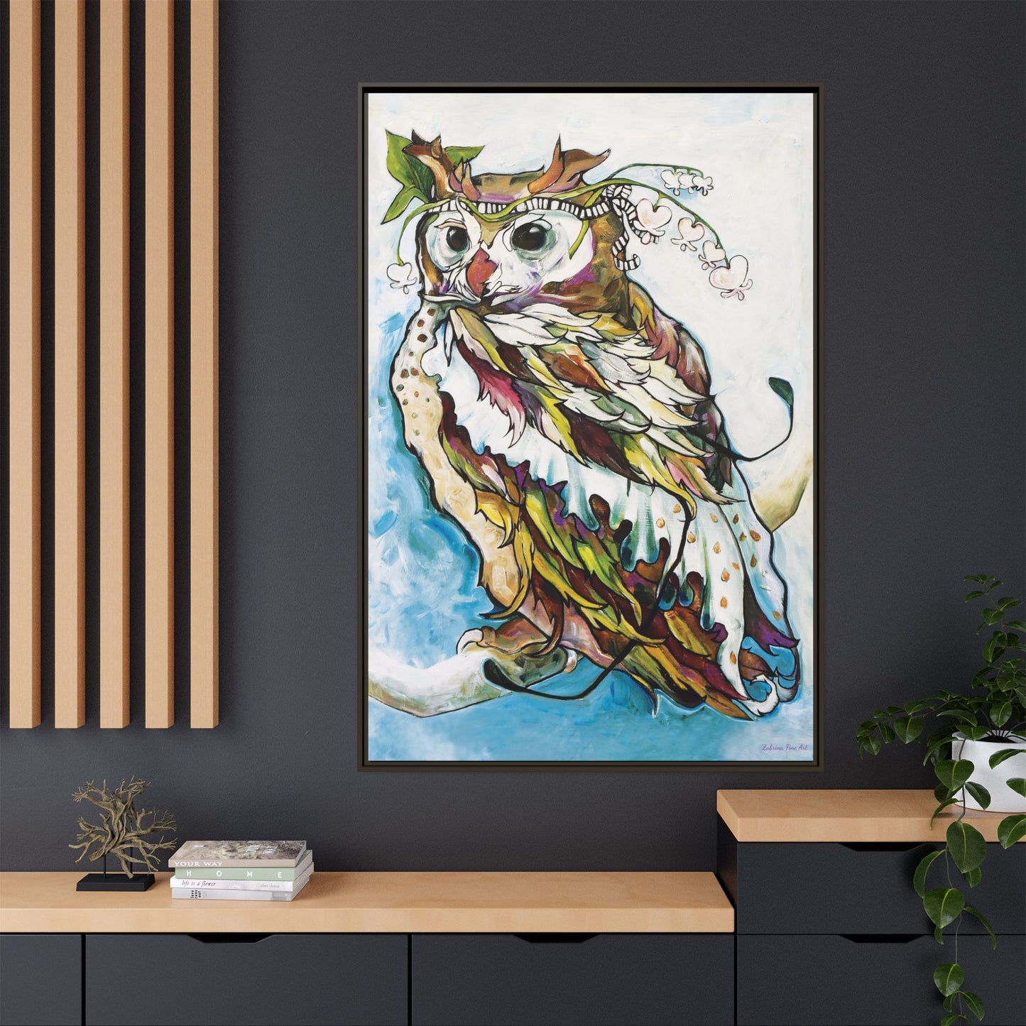 "Owl In Bleeding Hearts Crown" Framed Canvas Fine Art Reproduction by Zabrina Fine Art