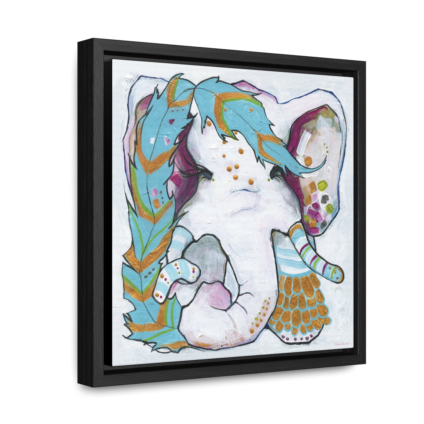 "Blue Feather Elephant" Framed Canvas Fine Art Reproduction by Zabrina Fine Art