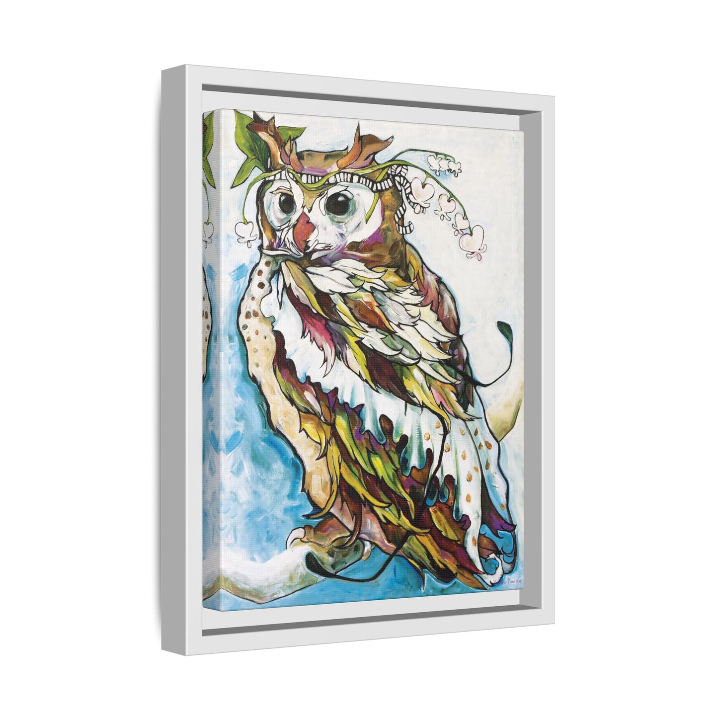 "Owl In Bleeding Hearts Crown" Framed Canvas Fine Art Reproduction by Zabrina Fine Art