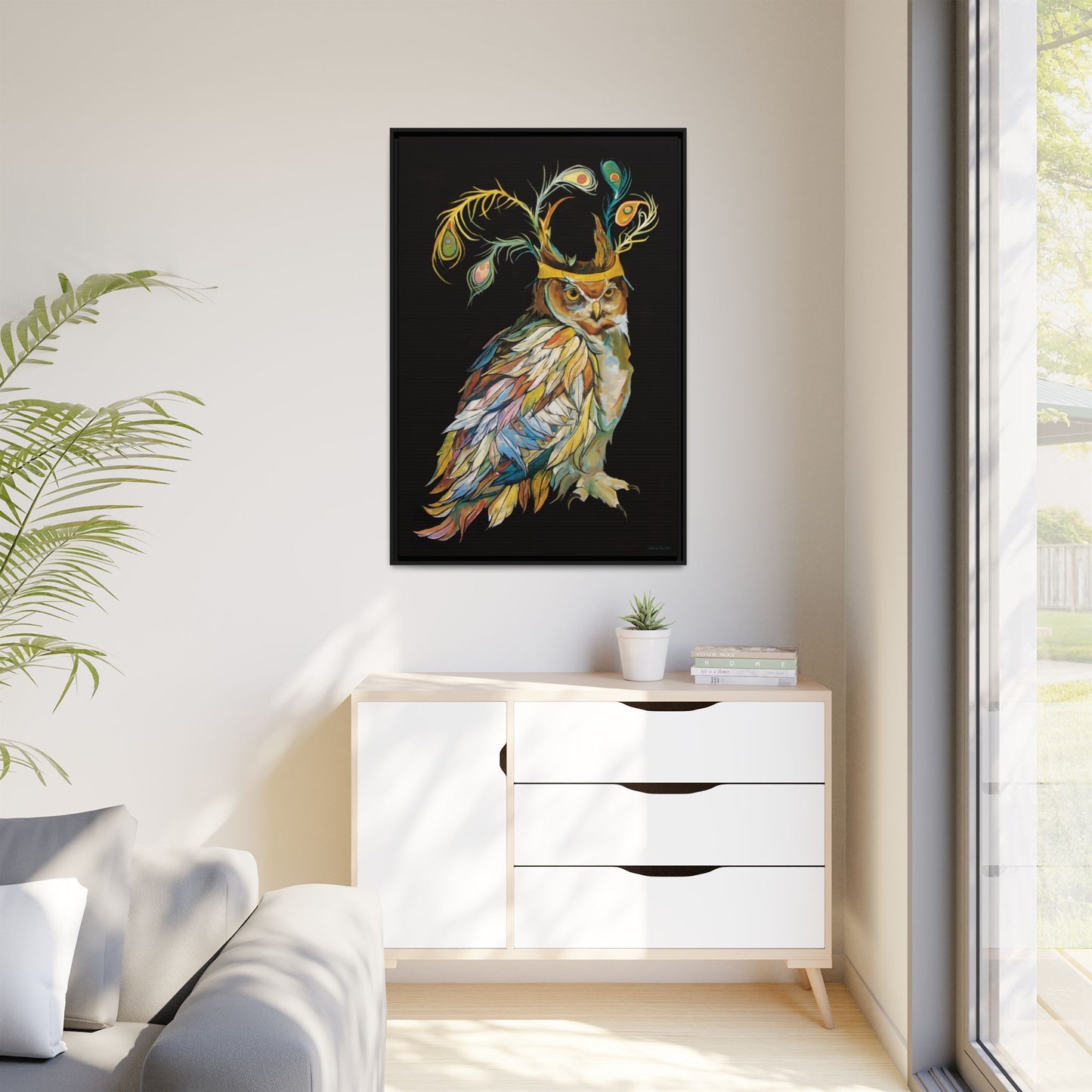 "Owl In A Peacock Crown" Framed Canvas Fine Art Reproduction by Zabrina Fine Art