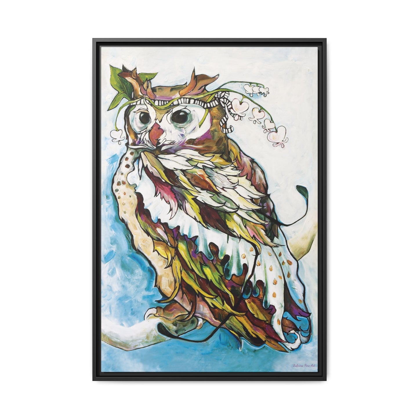 "Owl In Bleeding Hearts Crown" Framed Canvas Fine Art Reproduction by Zabrina Fine Art
