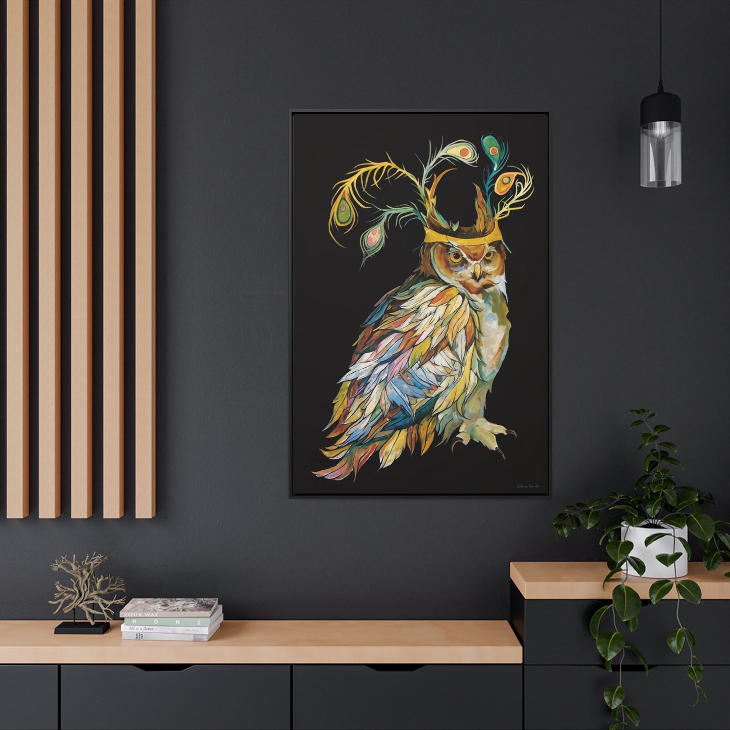 "Owl In A Peacock Crown" Framed Canvas Fine Art Reproduction by Zabrina Fine Art