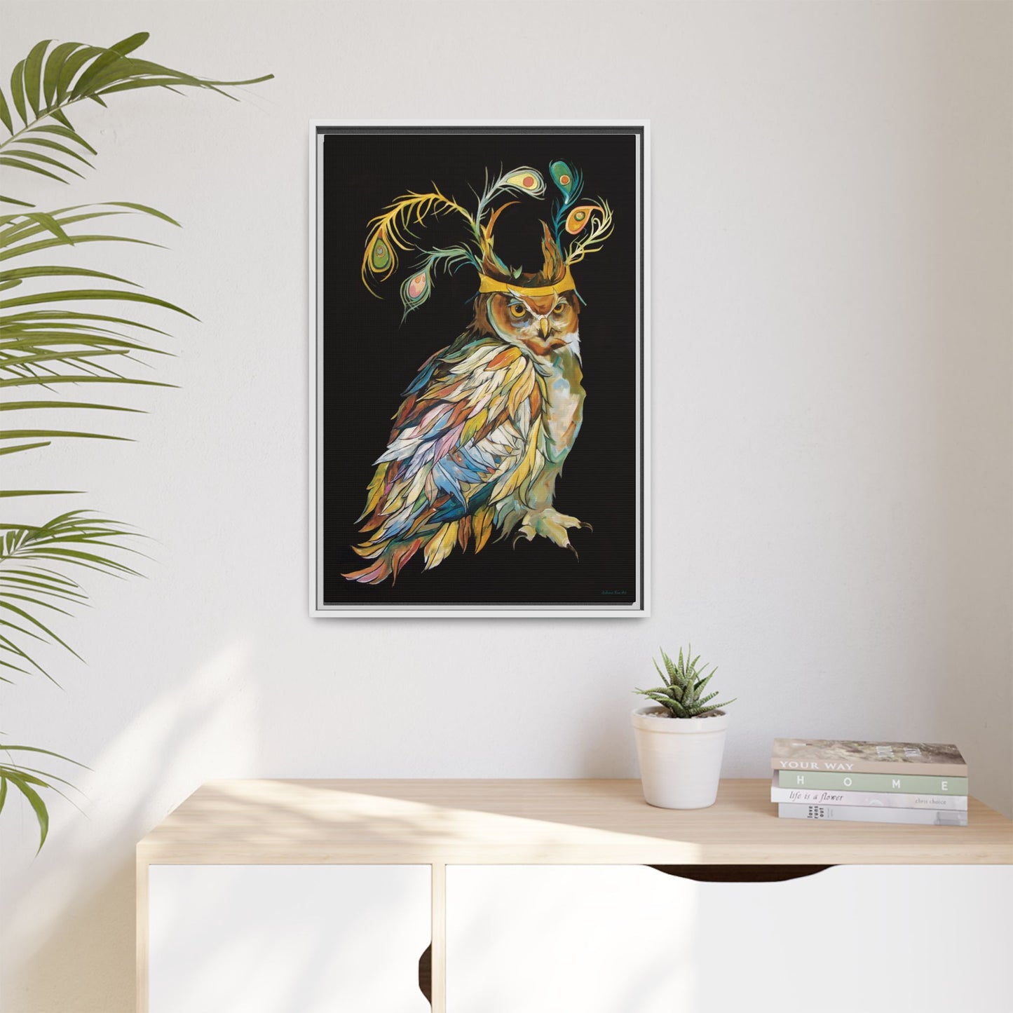 "Owl In A Peacock Crown" Framed Canvas Fine Art Reproduction by Zabrina Fine Art