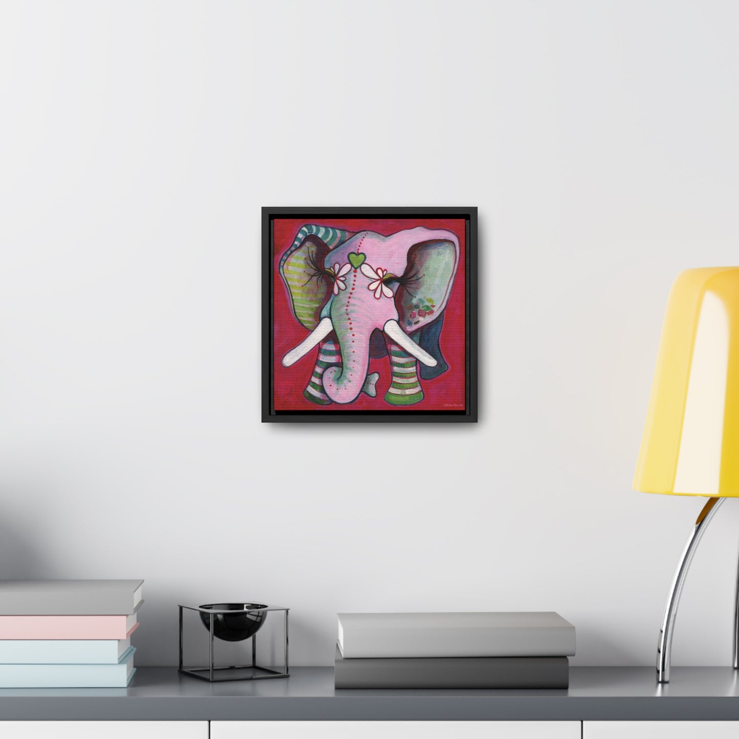 "Green Heart Elephant With Red" Framed Canvas Fine Art Reproduction by Zabrina Fine Art