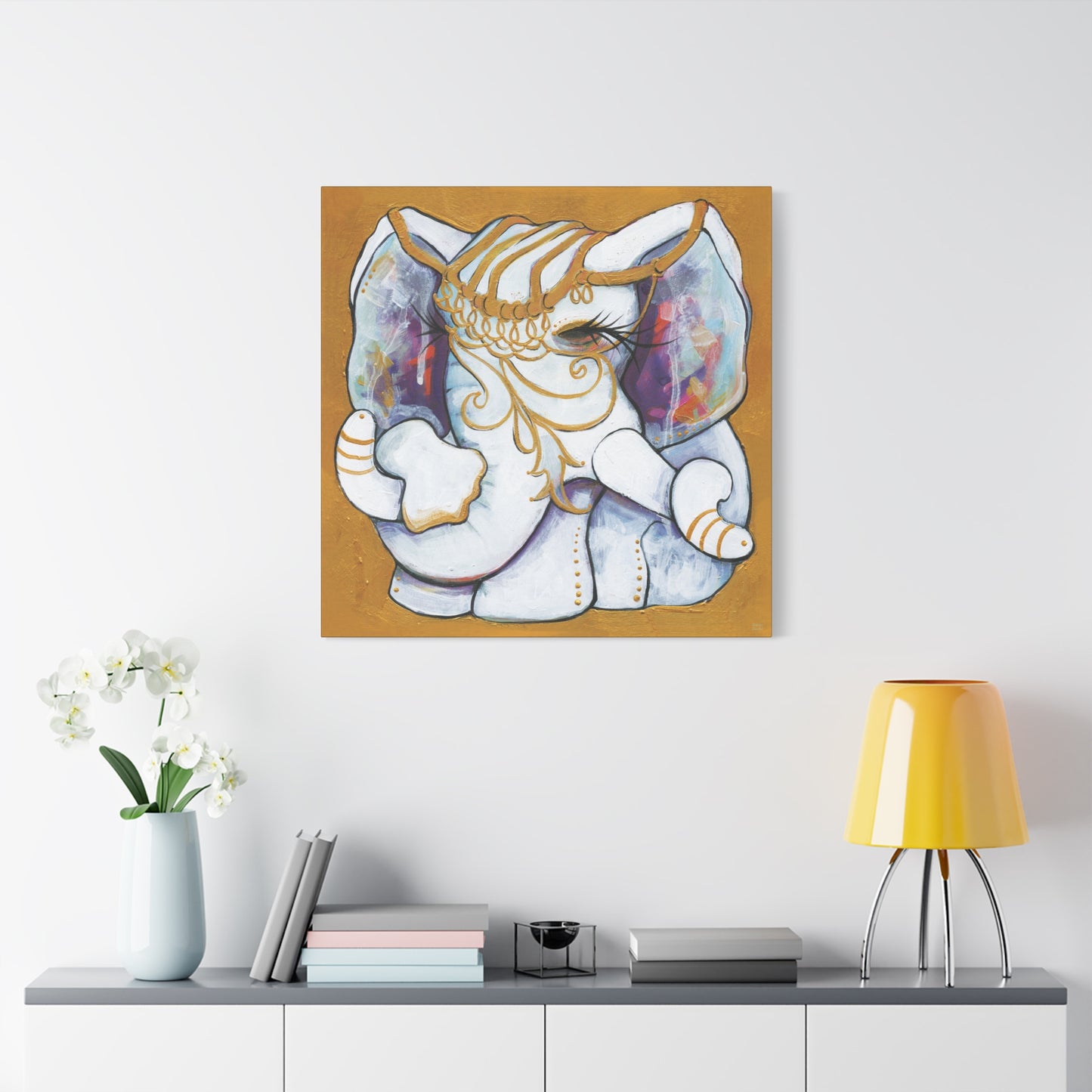 "Gold and White Elephant" Unframed Canvas Black Edge Reproduction by Zabrina Fine Art