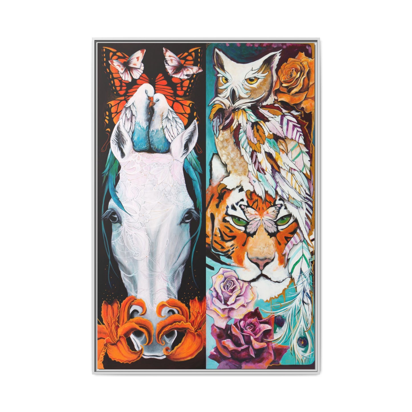 "The Tiger and The Mare" Framed Canvas Fine Art Reproduction by Zabrina Fine Art