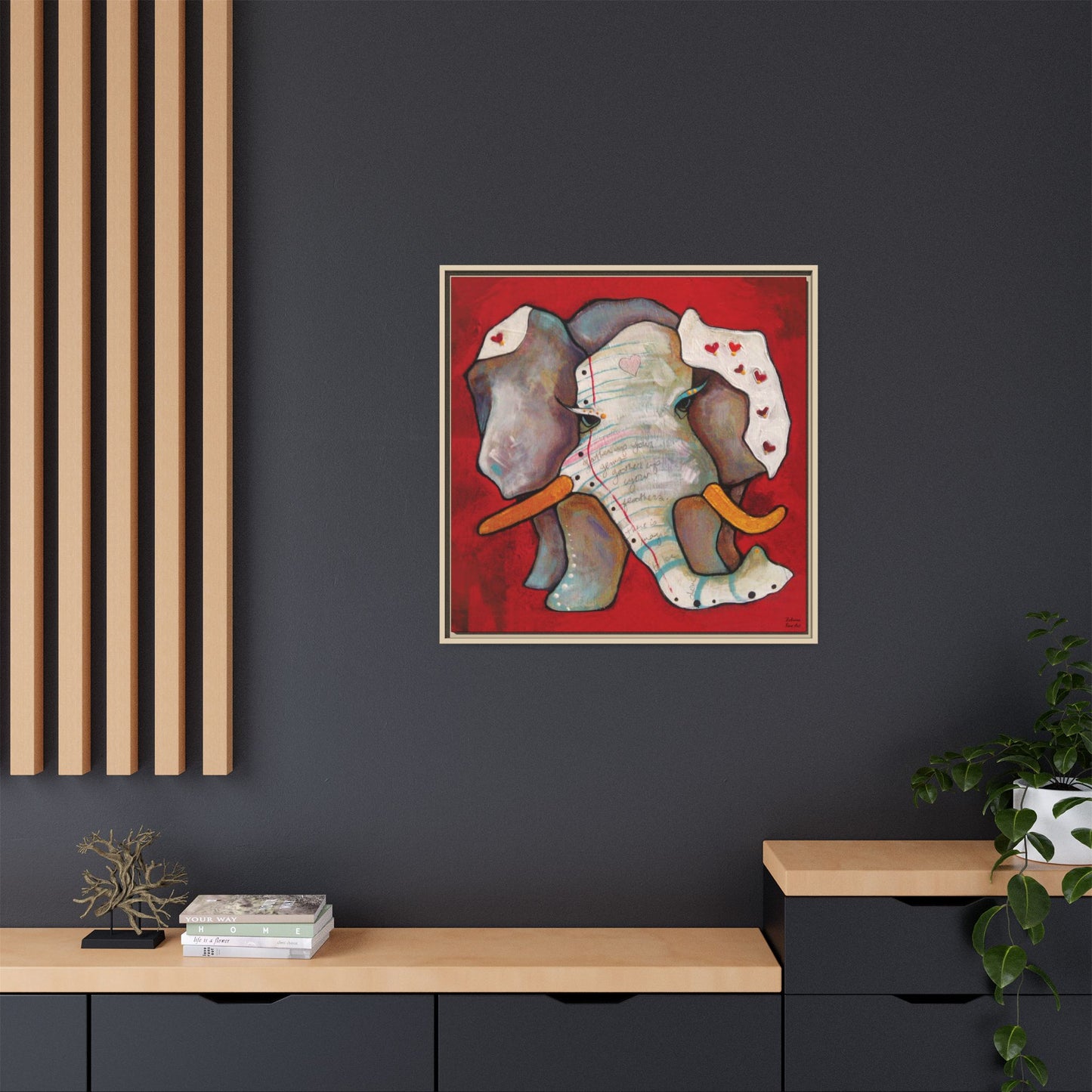"Red Heart Elephant" Framed Canvas Fine Art Reproduction by Zabrina Fine Art