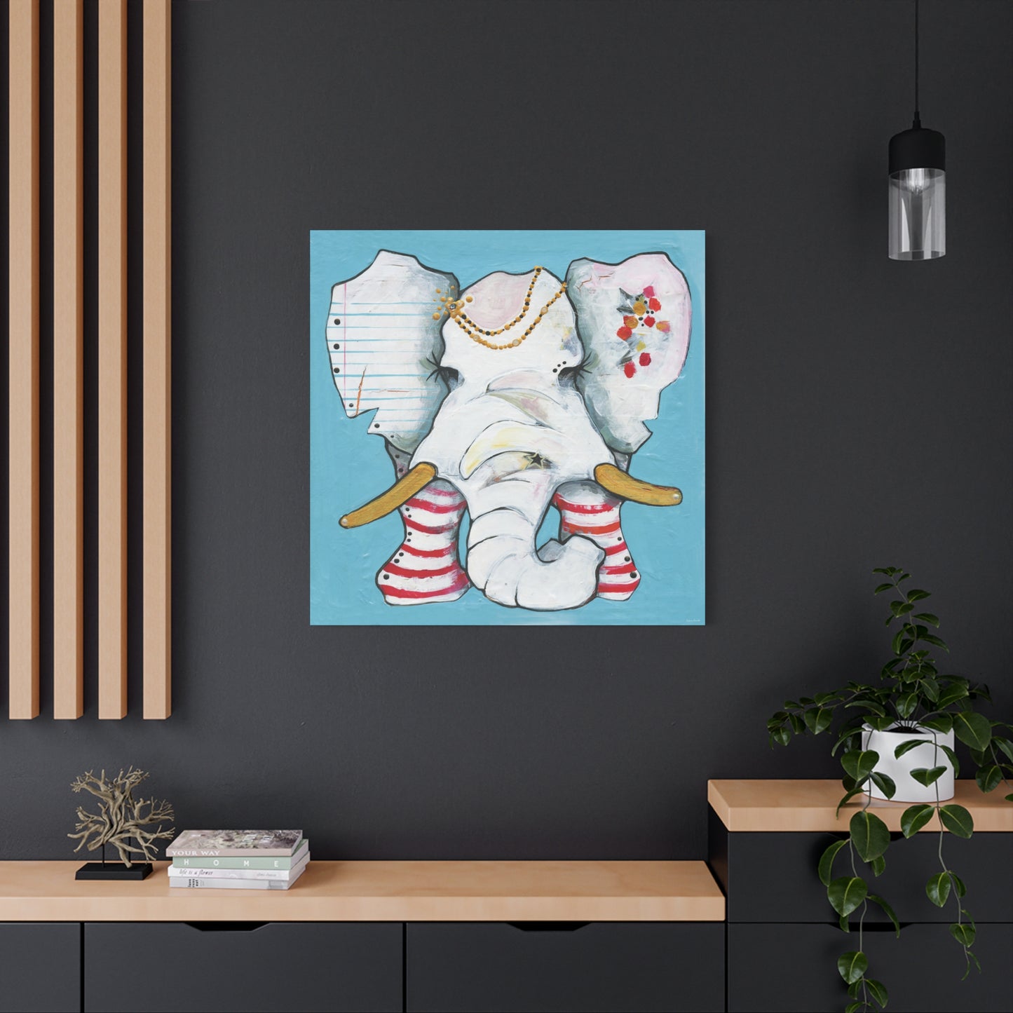 "Red Stripe Elephant" Unframed Canvas Black Edge Reproduction by Zabrina Fine Art