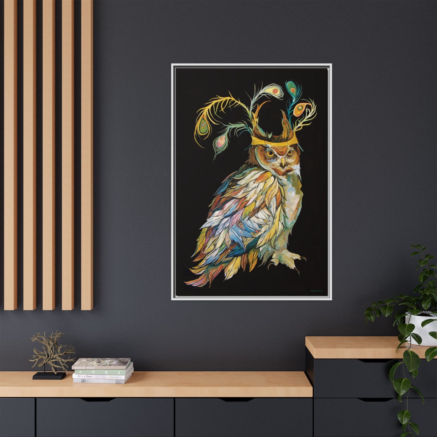 "Owl In A Peacock Crown" Framed Canvas Fine Art Reproduction by Zabrina Fine Art