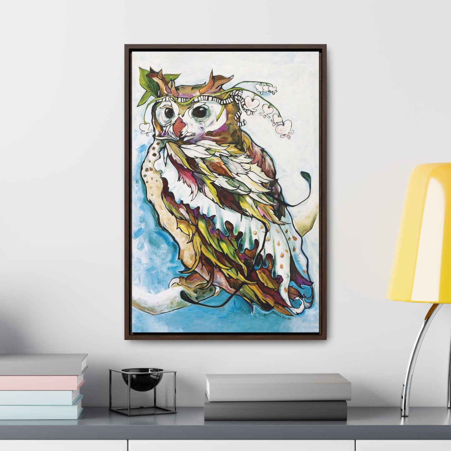 "Bleeding Hearts Owl" Framed Canvas Fine Art Reproduction by Zabrina Fine Art