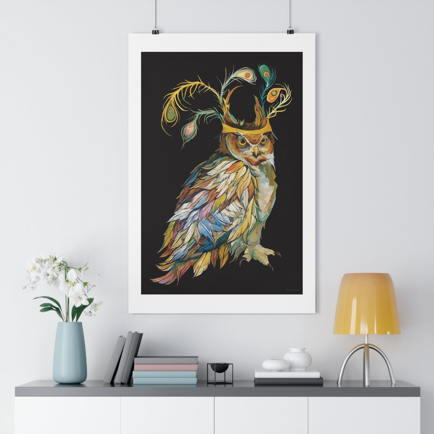 "Peacock Crown Owl" Giclée Art Print by Zabrina Fine Art