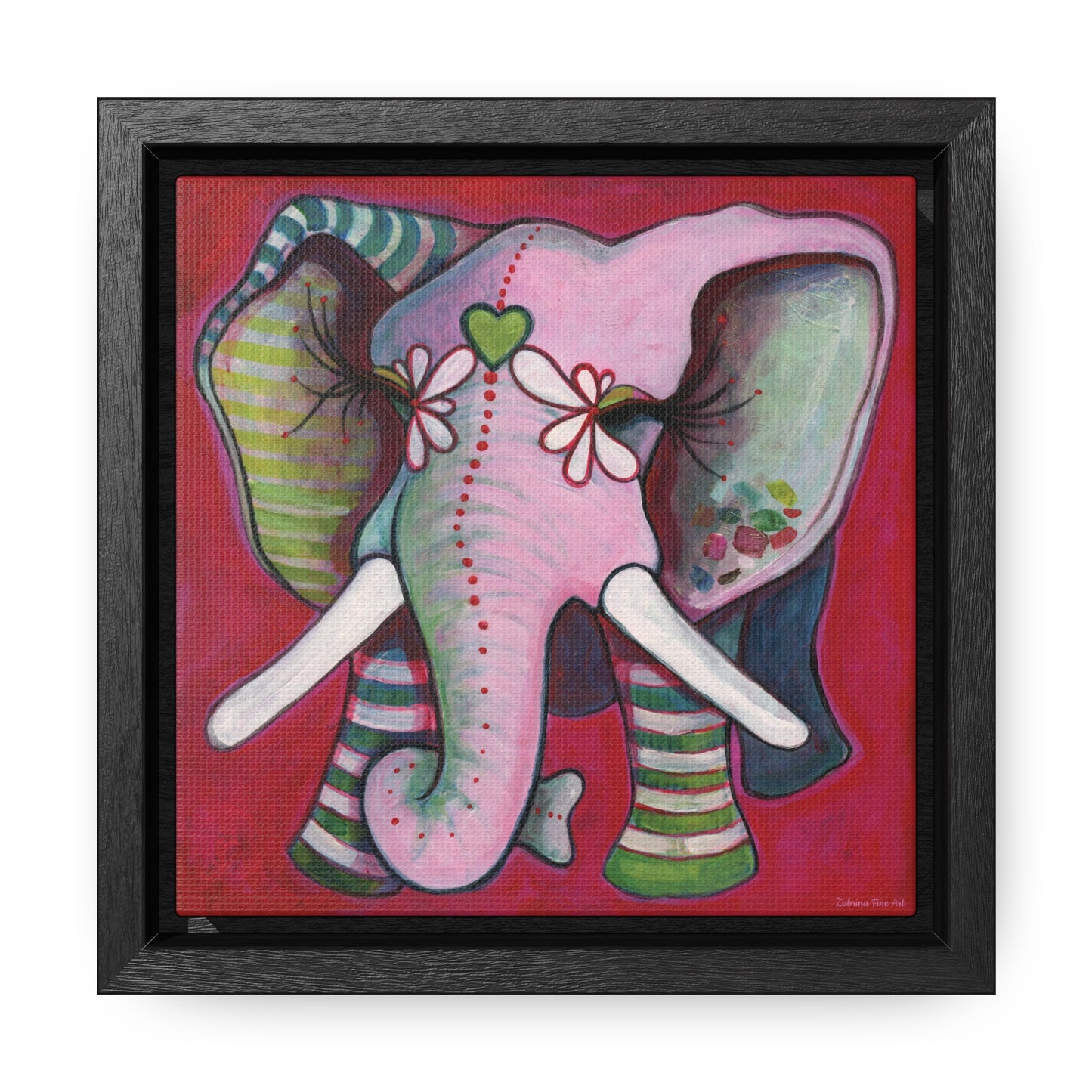 "Green Heart Elephant With Red" Framed Canvas Fine Art Reproduction by Zabrina Fine Art