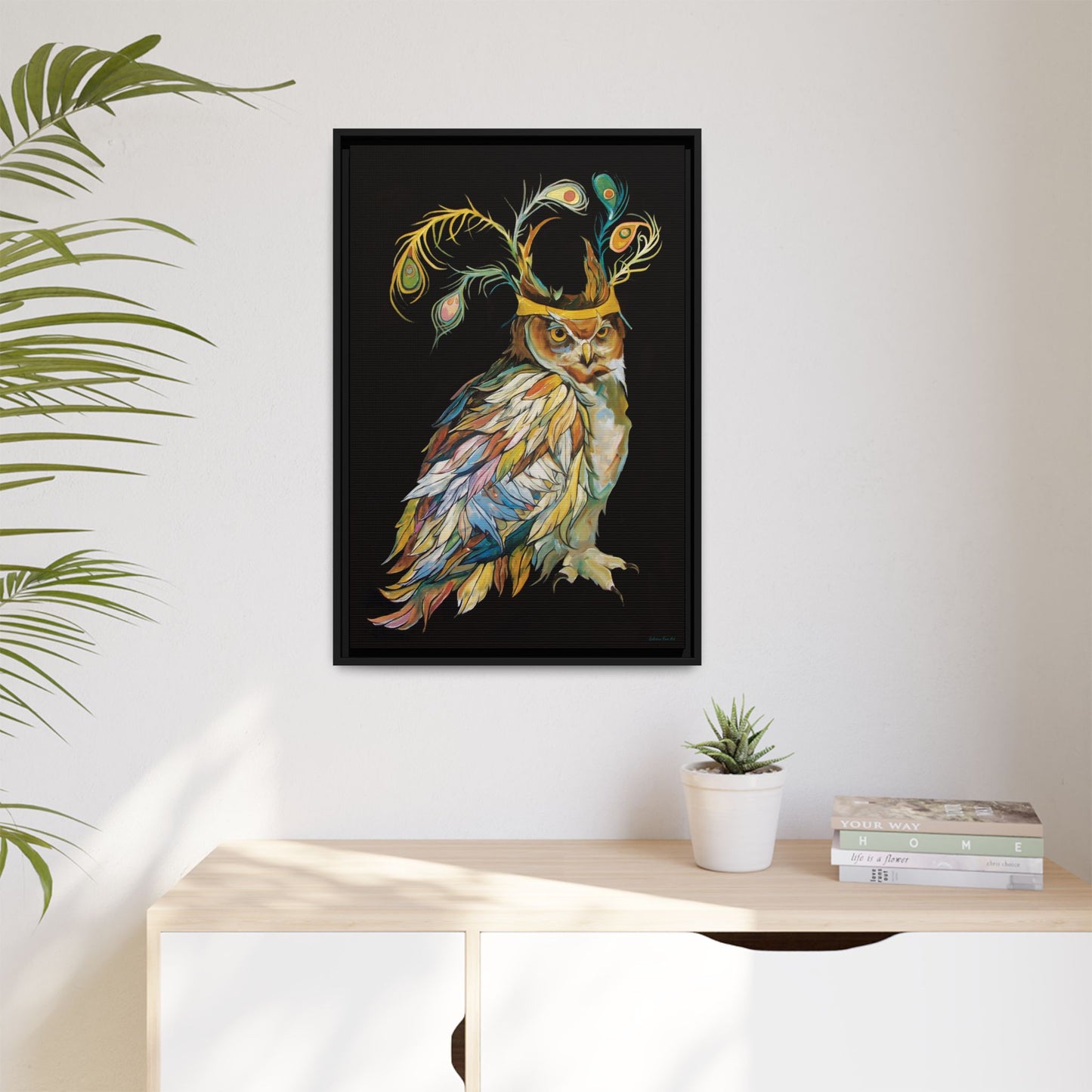 "Owl In A Peacock Crown" Framed Canvas Fine Art Reproduction by Zabrina Fine Art