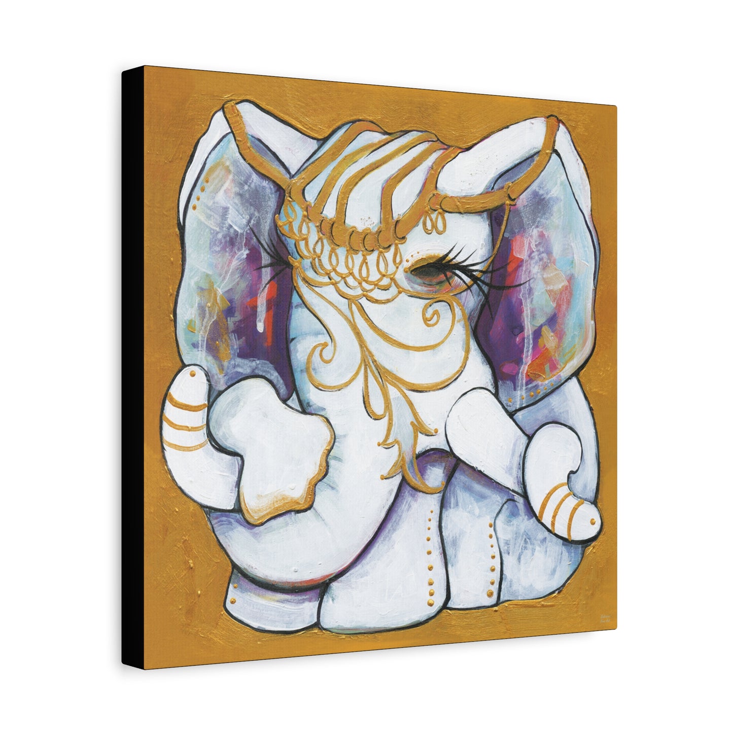 "Gold and White Elephant" Unframed Canvas Black Edge Reproduction by Zabrina Fine Art