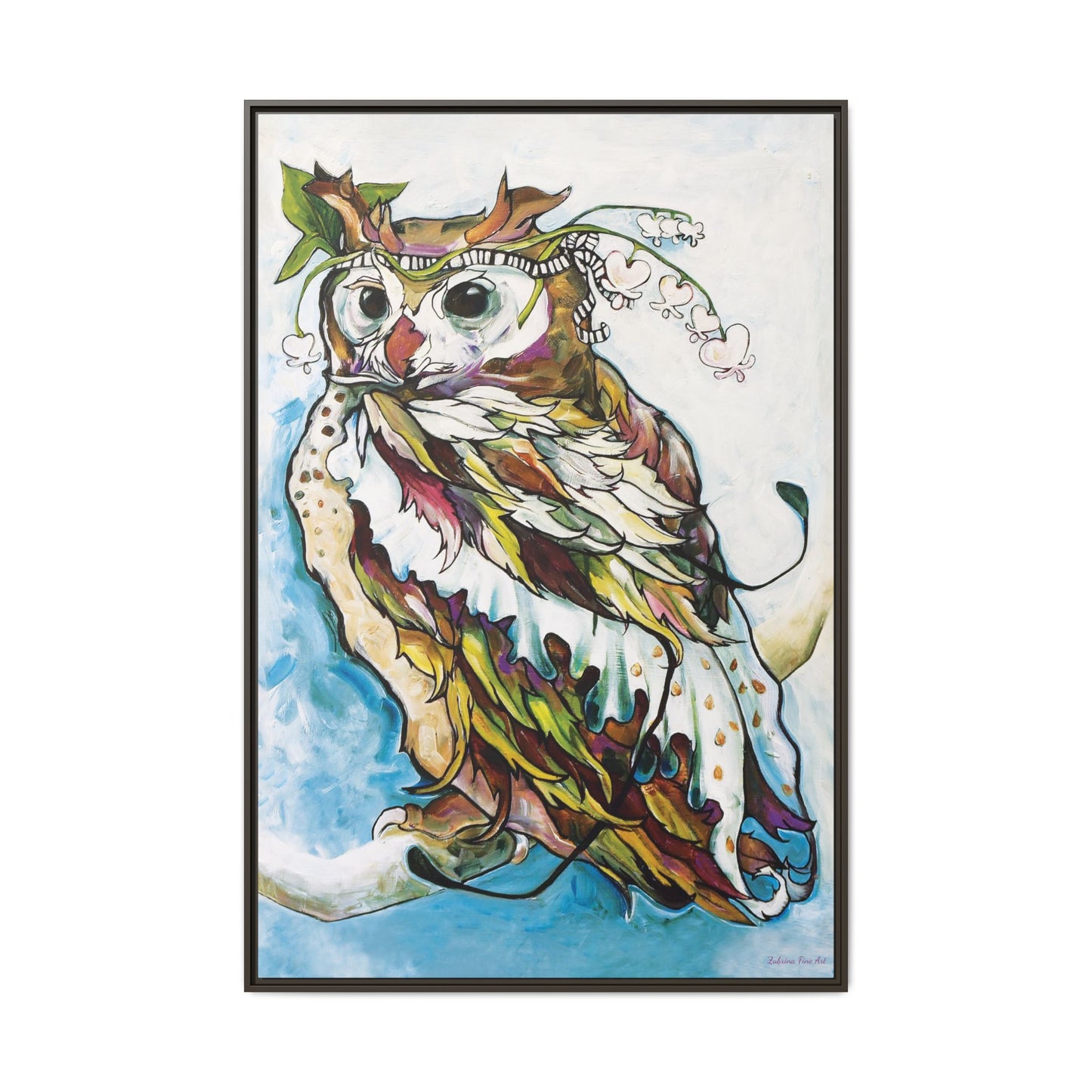 "Owl In Bleeding Hearts Crown" Framed Canvas Fine Art Reproduction by Zabrina Fine Art