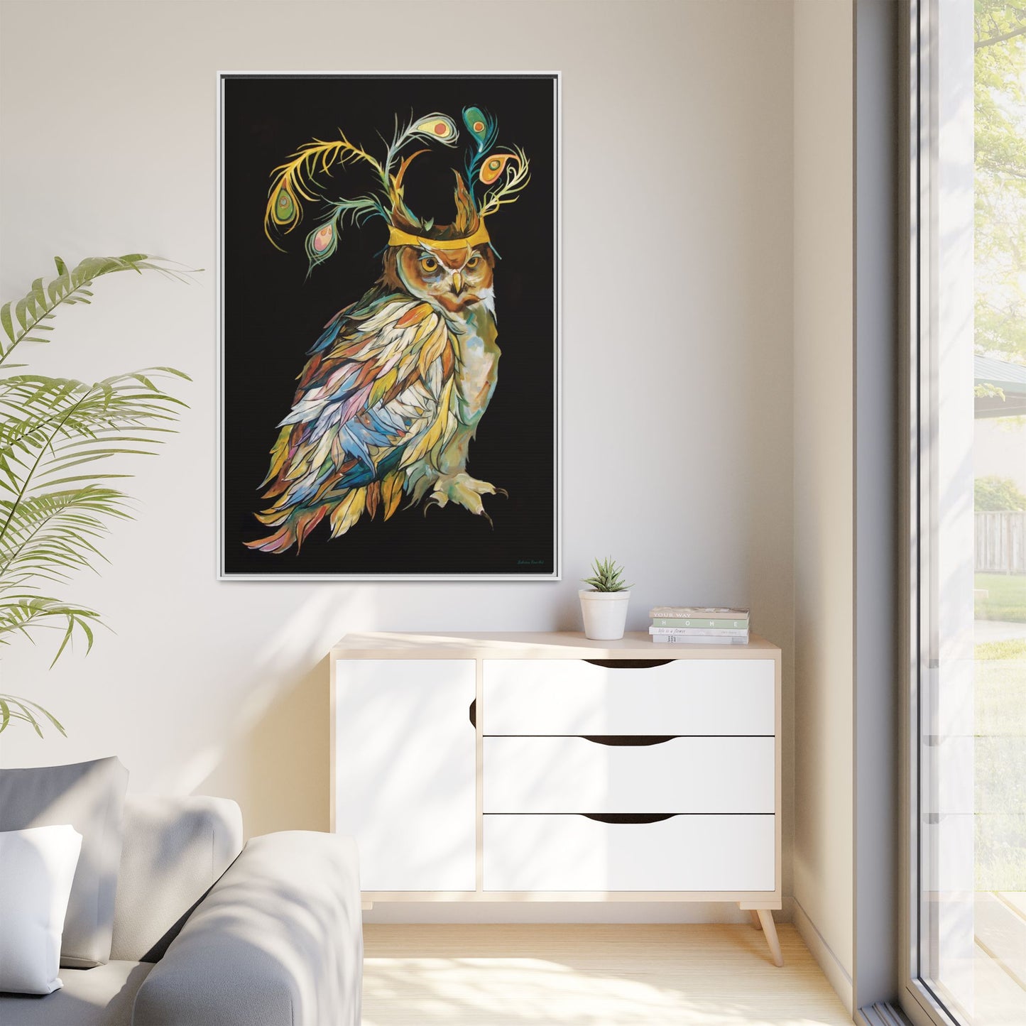 "Owl In A Peacock Crown" Framed Canvas Fine Art Reproduction by Zabrina Fine Art