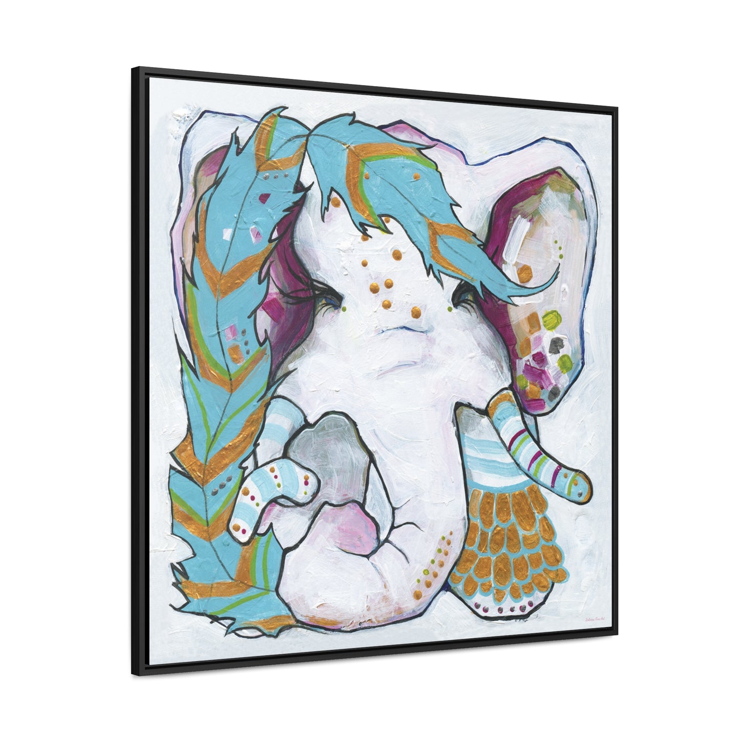 "Blue Feather Elephant" Framed Canvas Fine Art Reproduction by Zabrina Fine Art