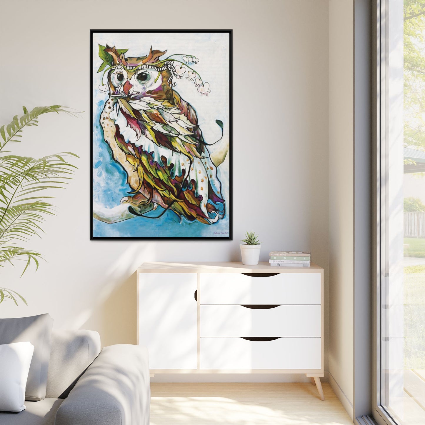 "Owl In Bleeding Hearts Crown" Framed Canvas Fine Art Reproduction by Zabrina Fine Art