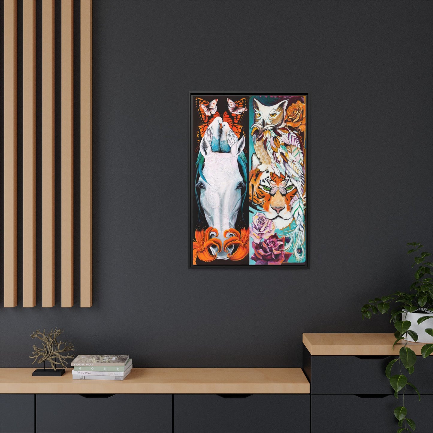 "The Tiger and The Mare" Framed Canvas Fine Art Reproduction by Zabrina Fine Art