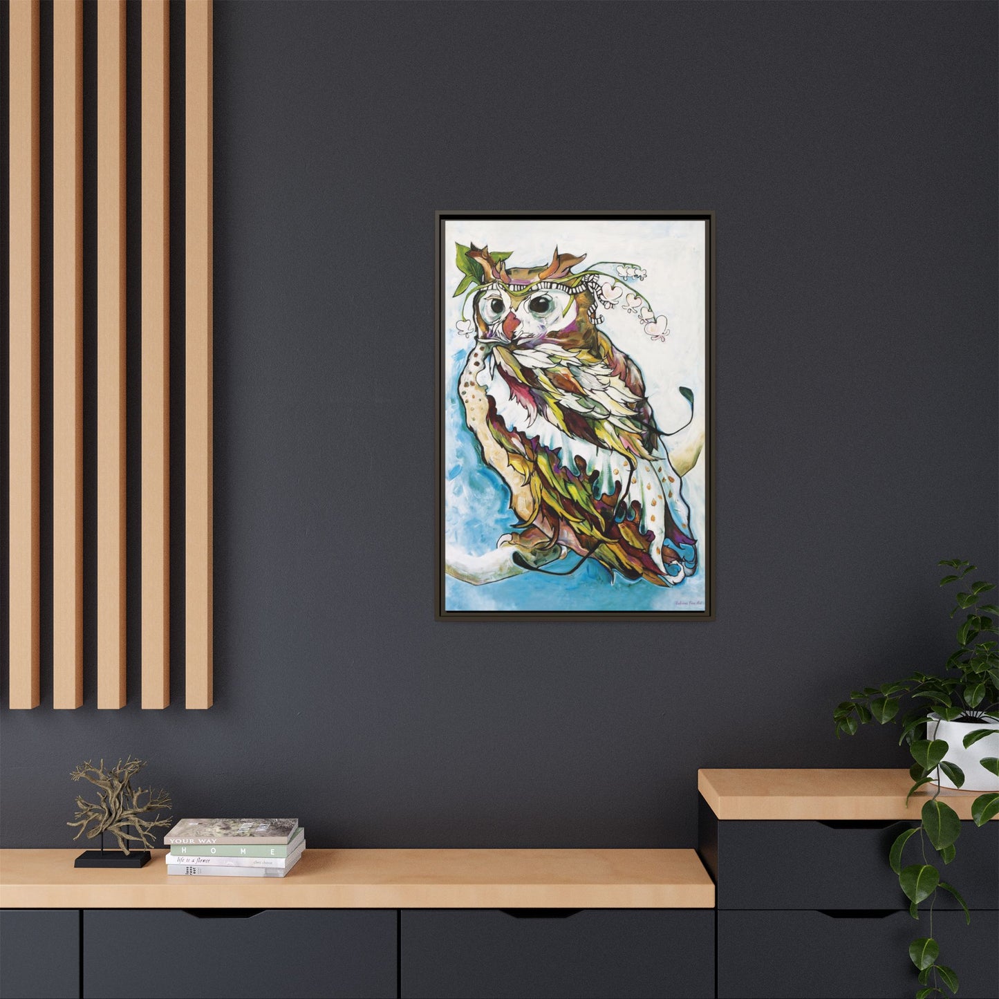 "Owl In Bleeding Hearts Crown" Framed Canvas Fine Art Reproduction by Zabrina Fine Art