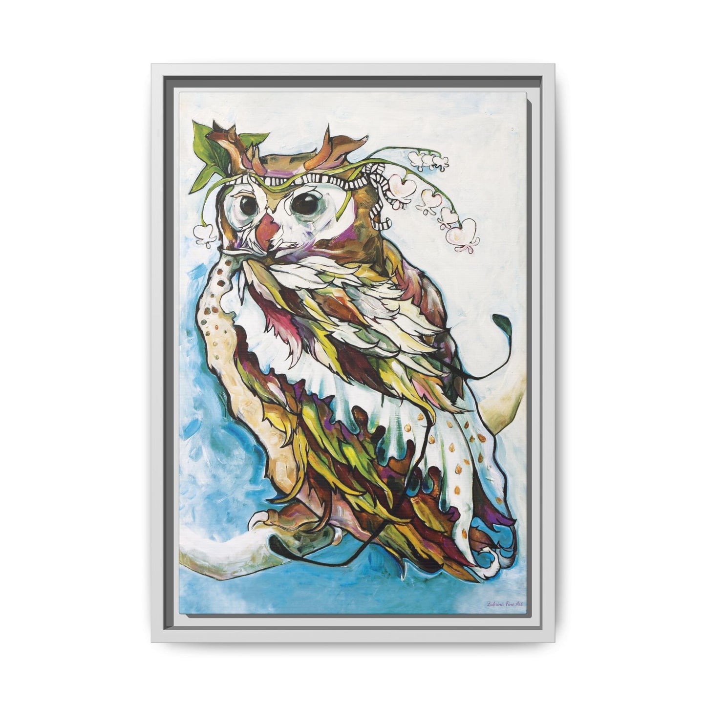 "Owl In Bleeding Hearts Crown" Framed Canvas Fine Art Reproduction by Zabrina Fine Art