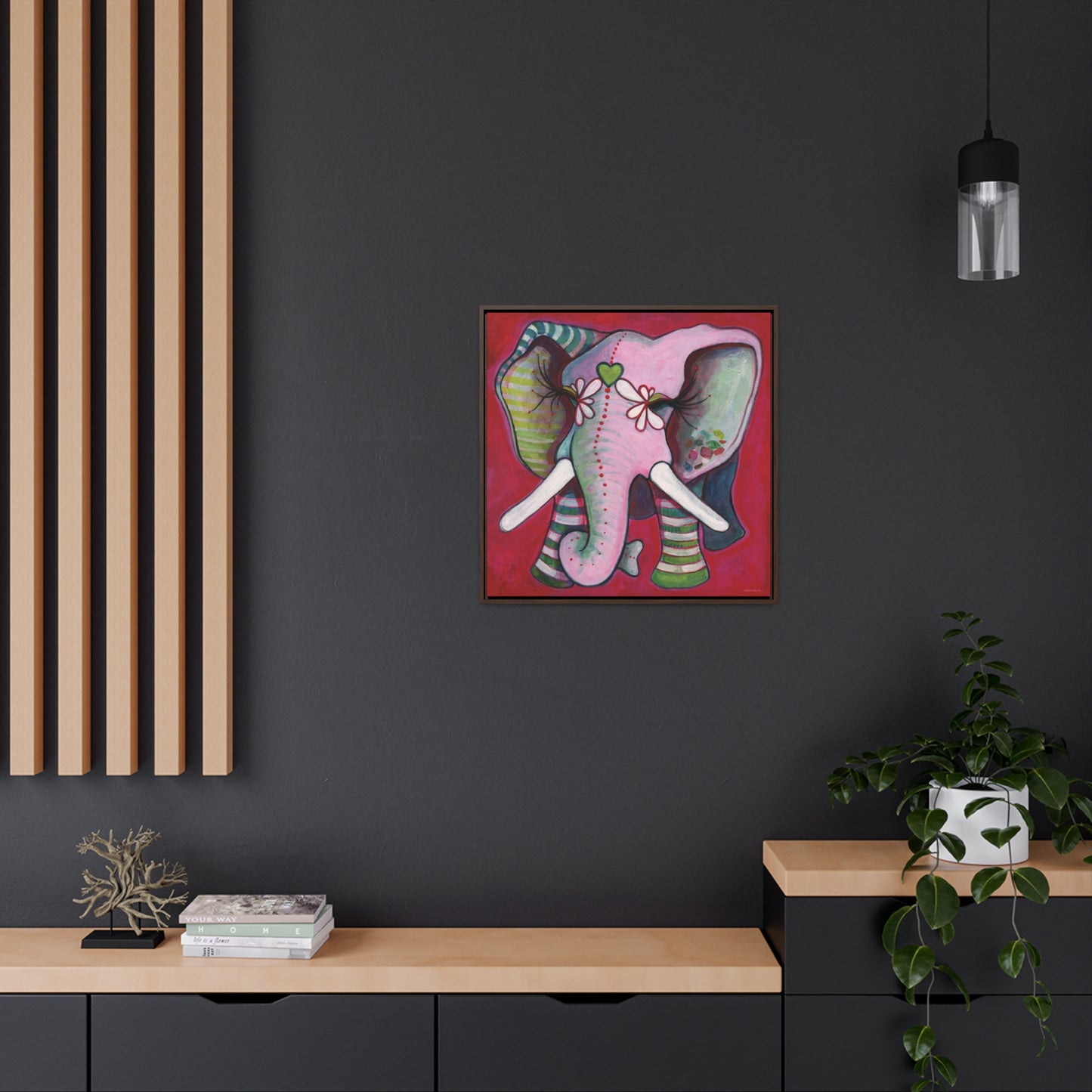 "Green Heart Elephant With Red" Framed Canvas Fine Art Reproduction by Zabrina Fine Art