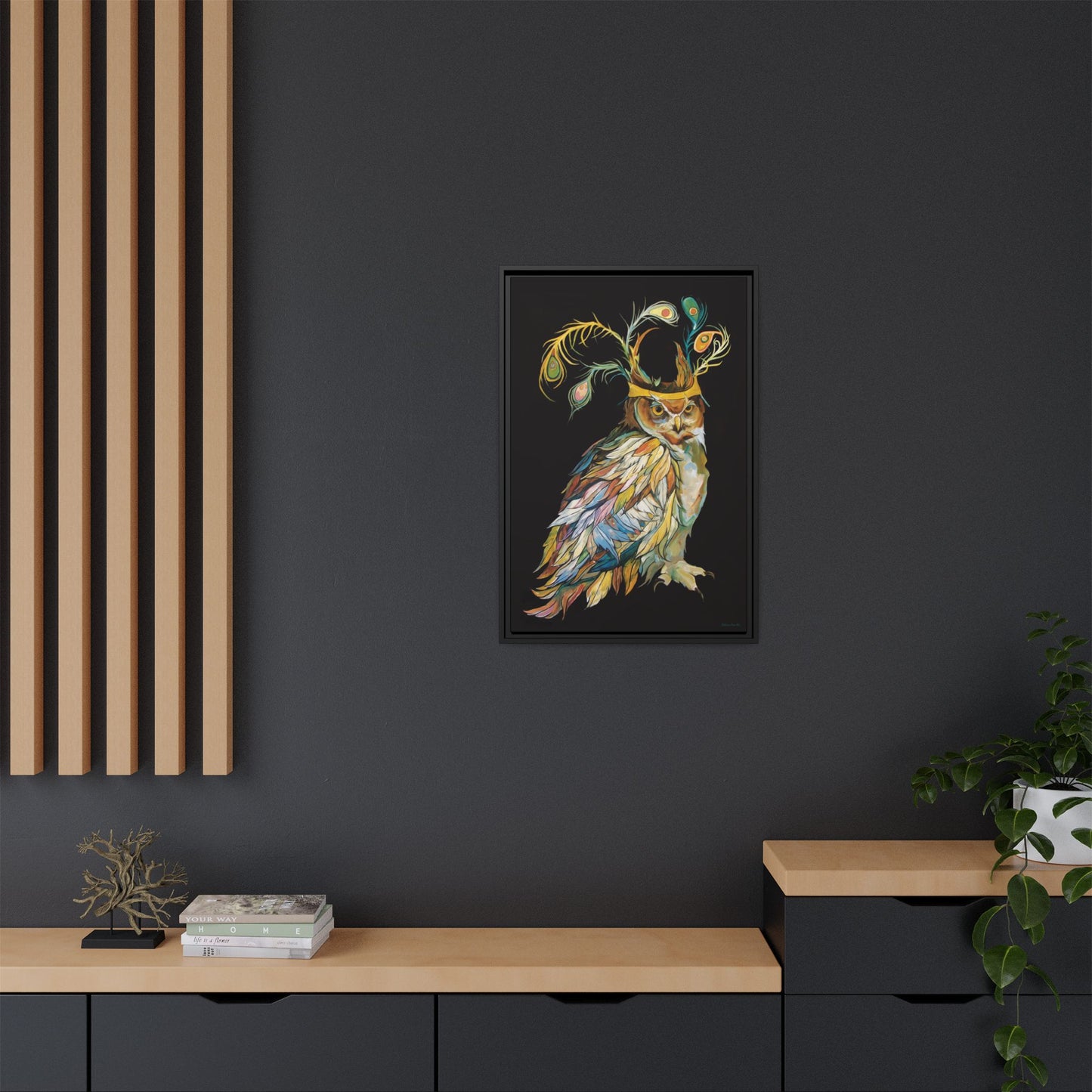 "Owl In A Peacock Crown" Framed Canvas Fine Art Reproduction by Zabrina Fine Art