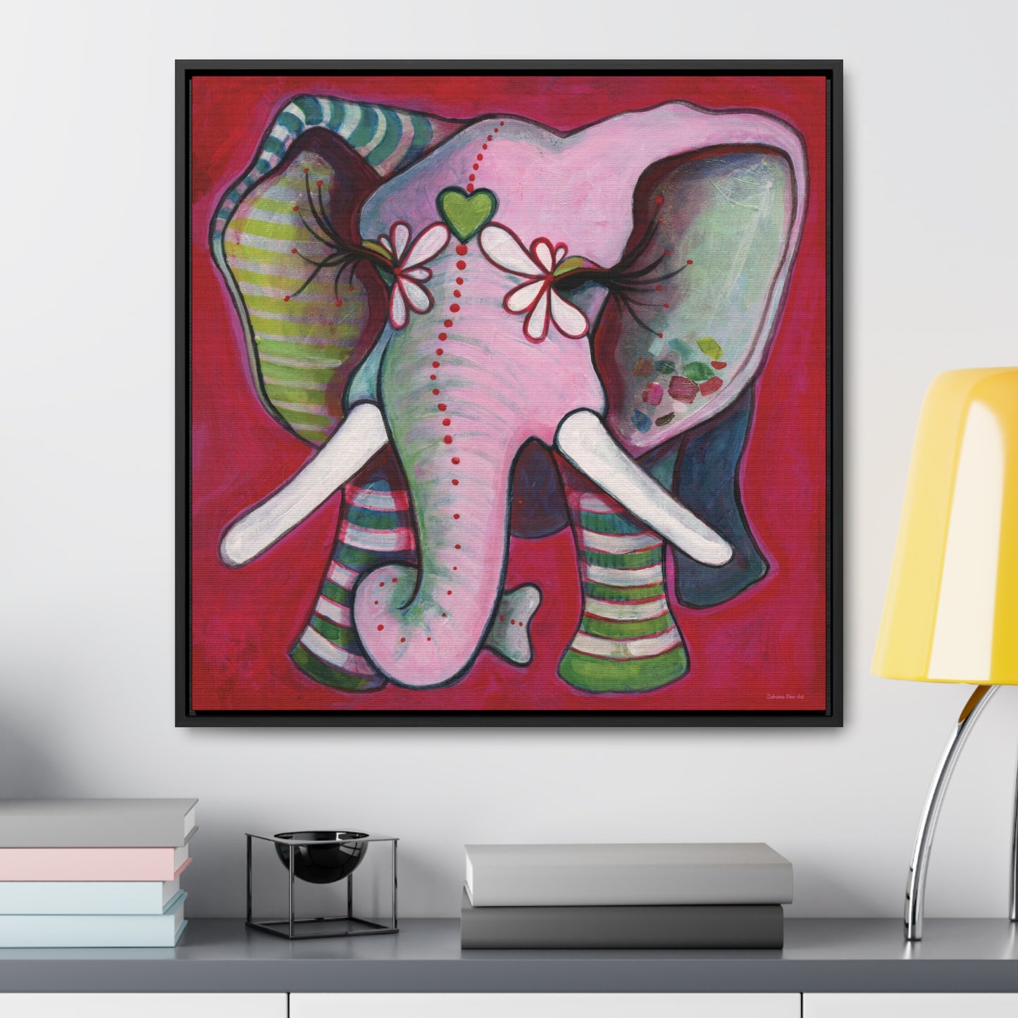 "Green Heart Elephant With Red" Framed Canvas Fine Art Reproduction by Zabrina Fine Art