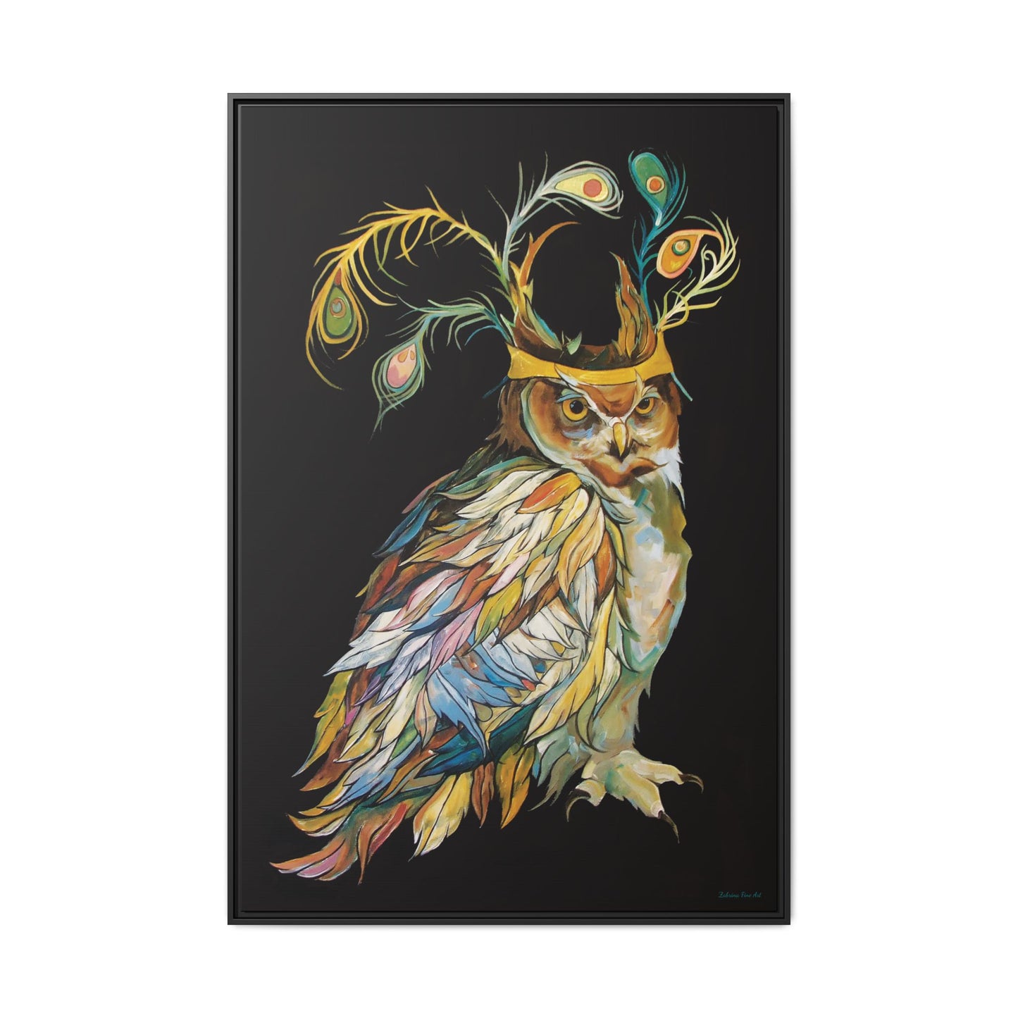 "Owl In A Peacock Crown" Framed Canvas Fine Art Reproduction by Zabrina Fine Art