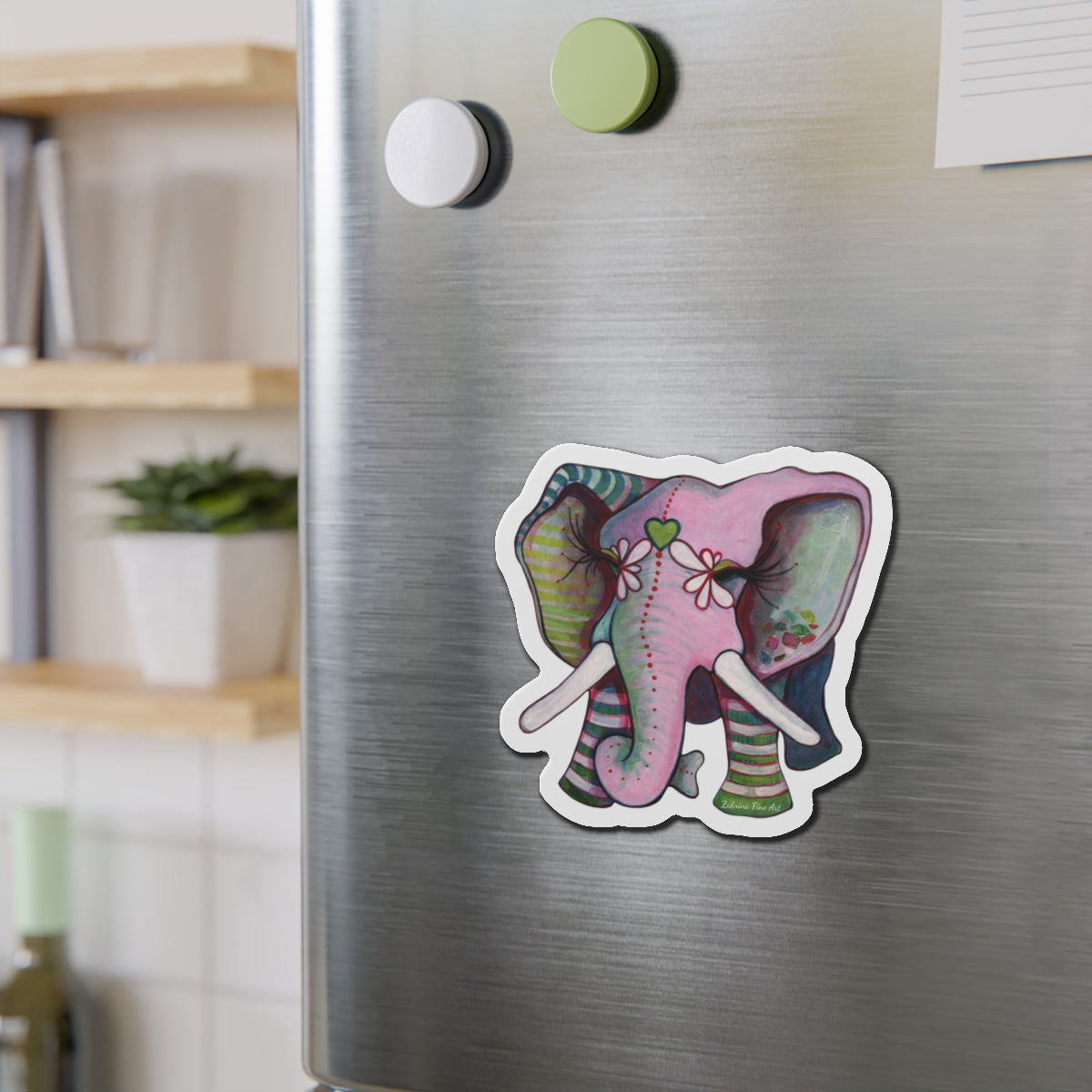 "Green Heart Elephant" Die-Cut Magnet by Zabrina Fine Art