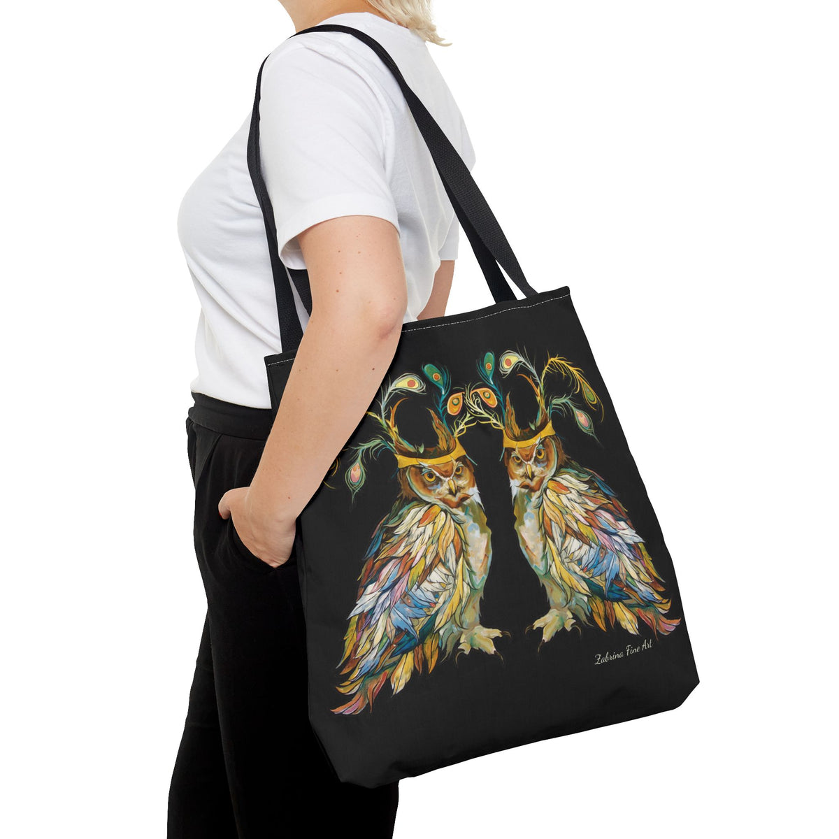 "Two Owls" Tote Bag Black by Zabrina Fine Art