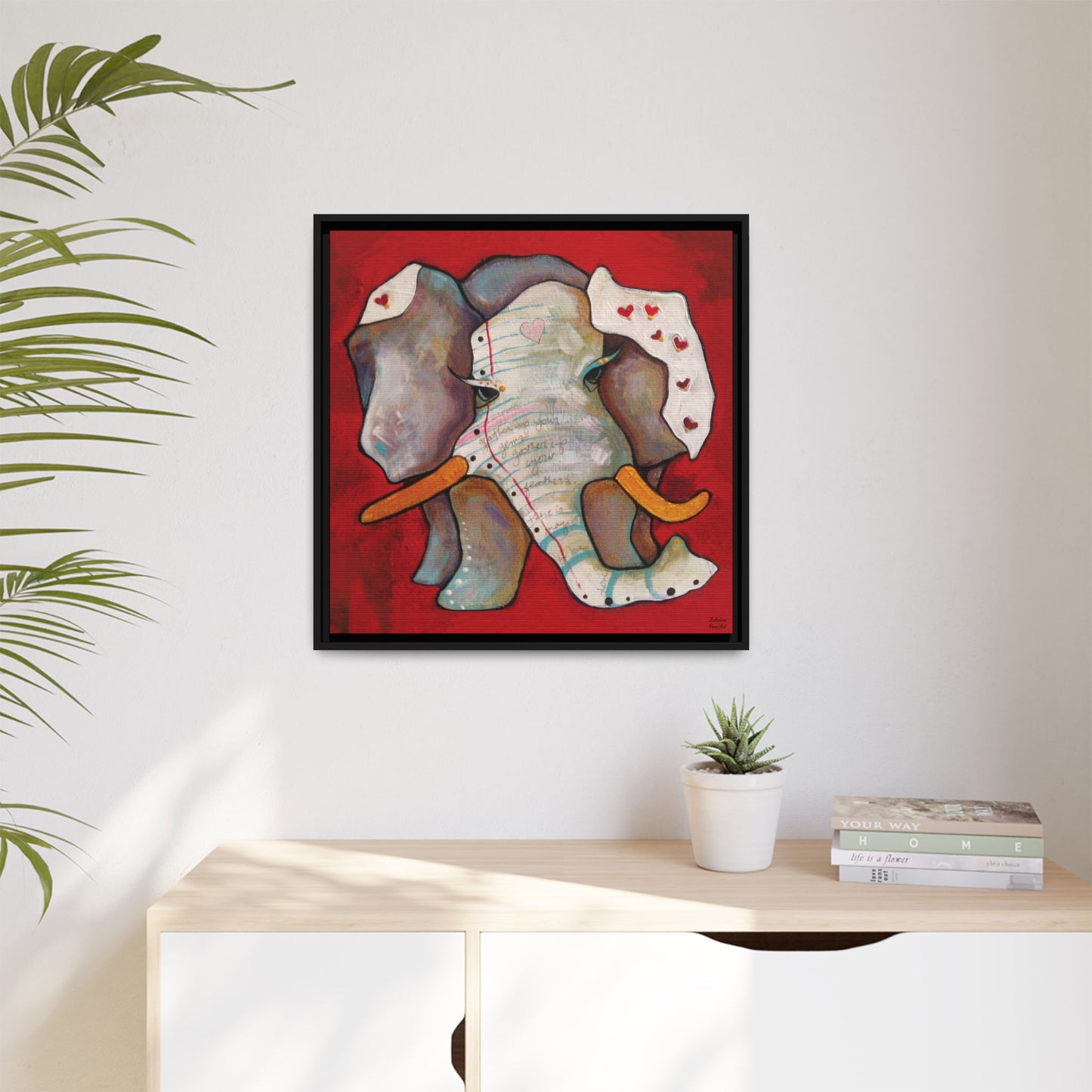 "Red Heart Elephant" Framed Canvas Fine Art Reproduction by Zabrina Fine Art