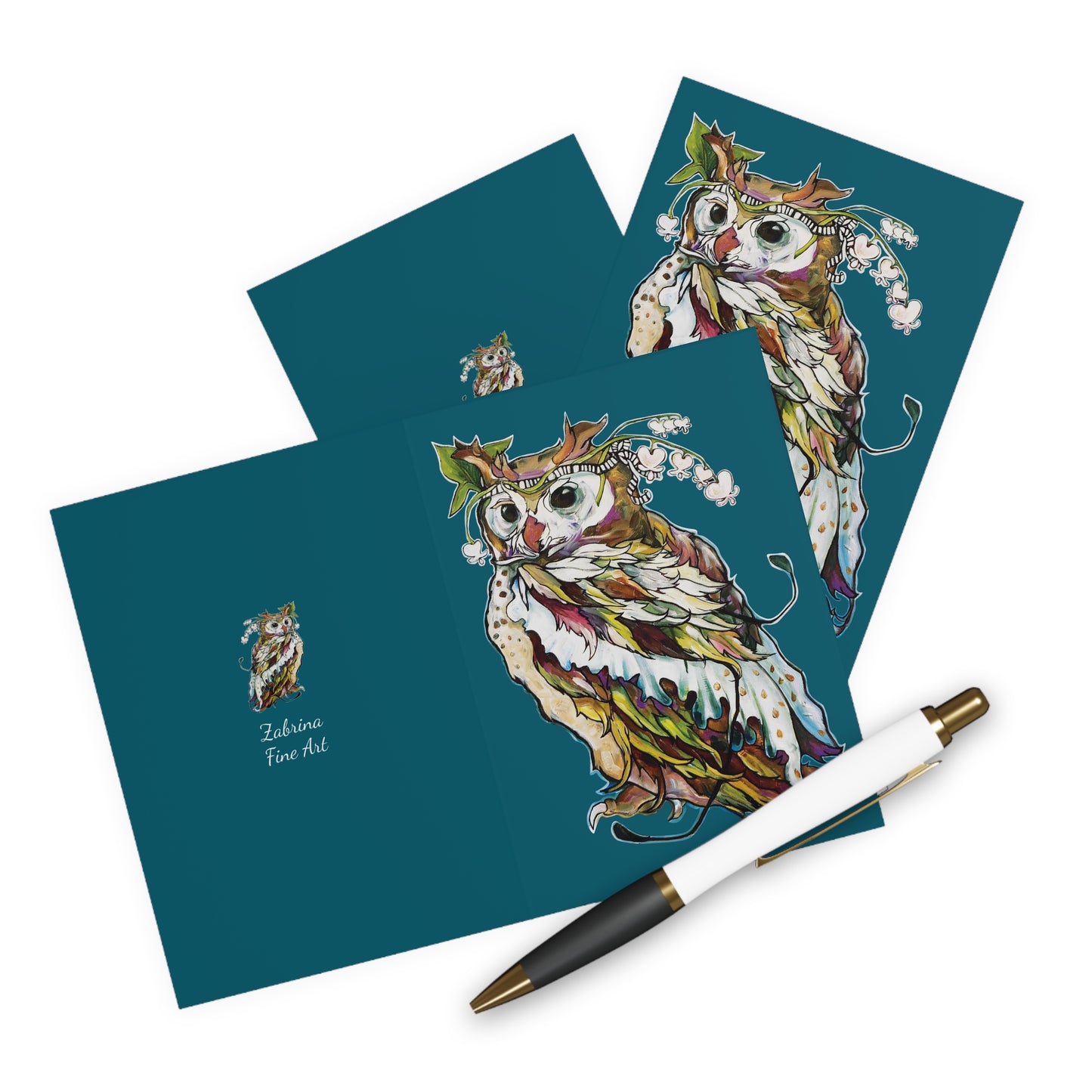 "Flower Crown Owl" Notecards in Blue by Zabrina Fine Art (set of 5)