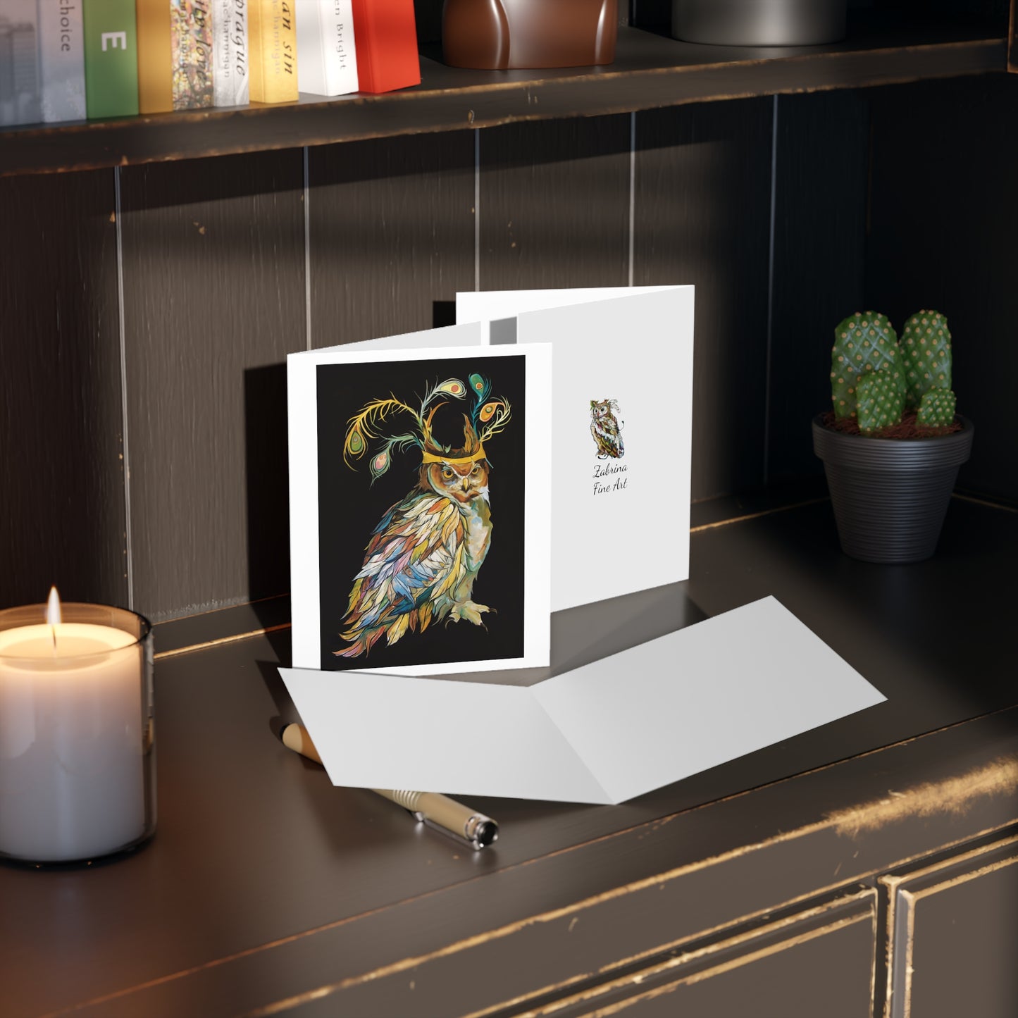 "Peacock Crown Owl" Note Cards by Zabrina Fine Art  (set of 8)  FREE SHIPPING
