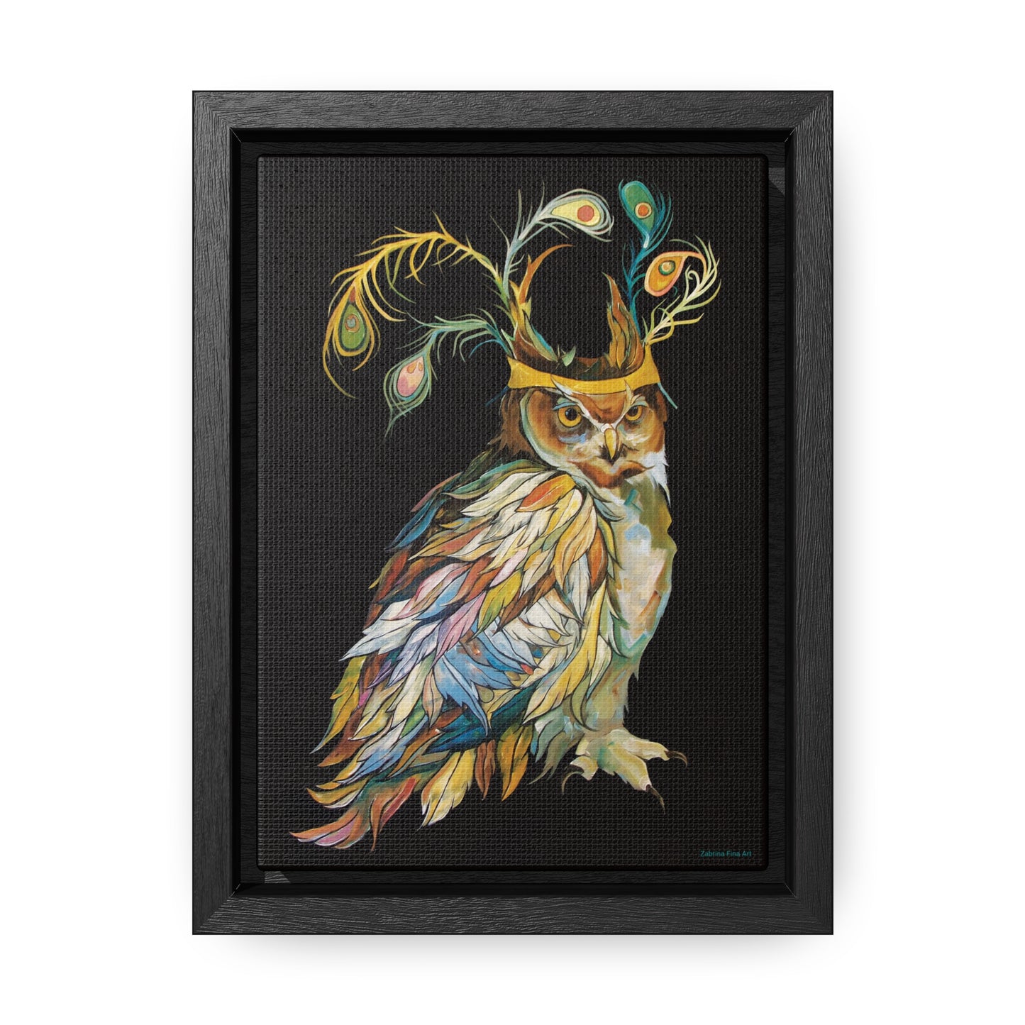 "Owl In A Peacock Crown" Framed Canvas Fine Art Reproduction by Zabrina Fine Art