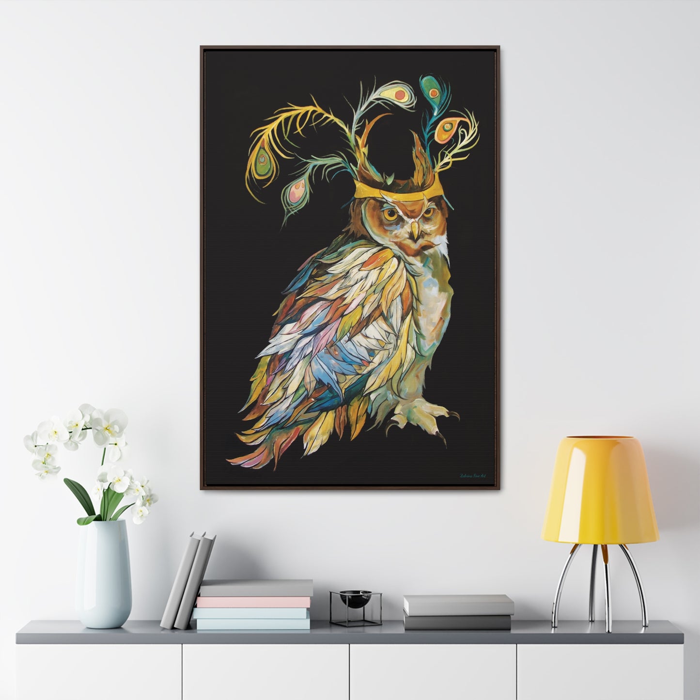 "Owl In A Peacock Crown" Framed Canvas Fine Art Reproduction by Zabrina Fine Art