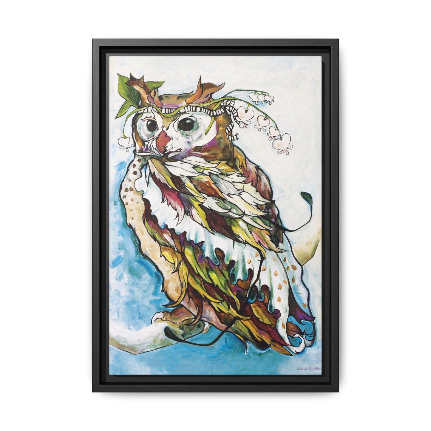 "Owl In Bleeding Hearts Crown" Framed Canvas Fine Art Reproduction by Zabrina Fine Art