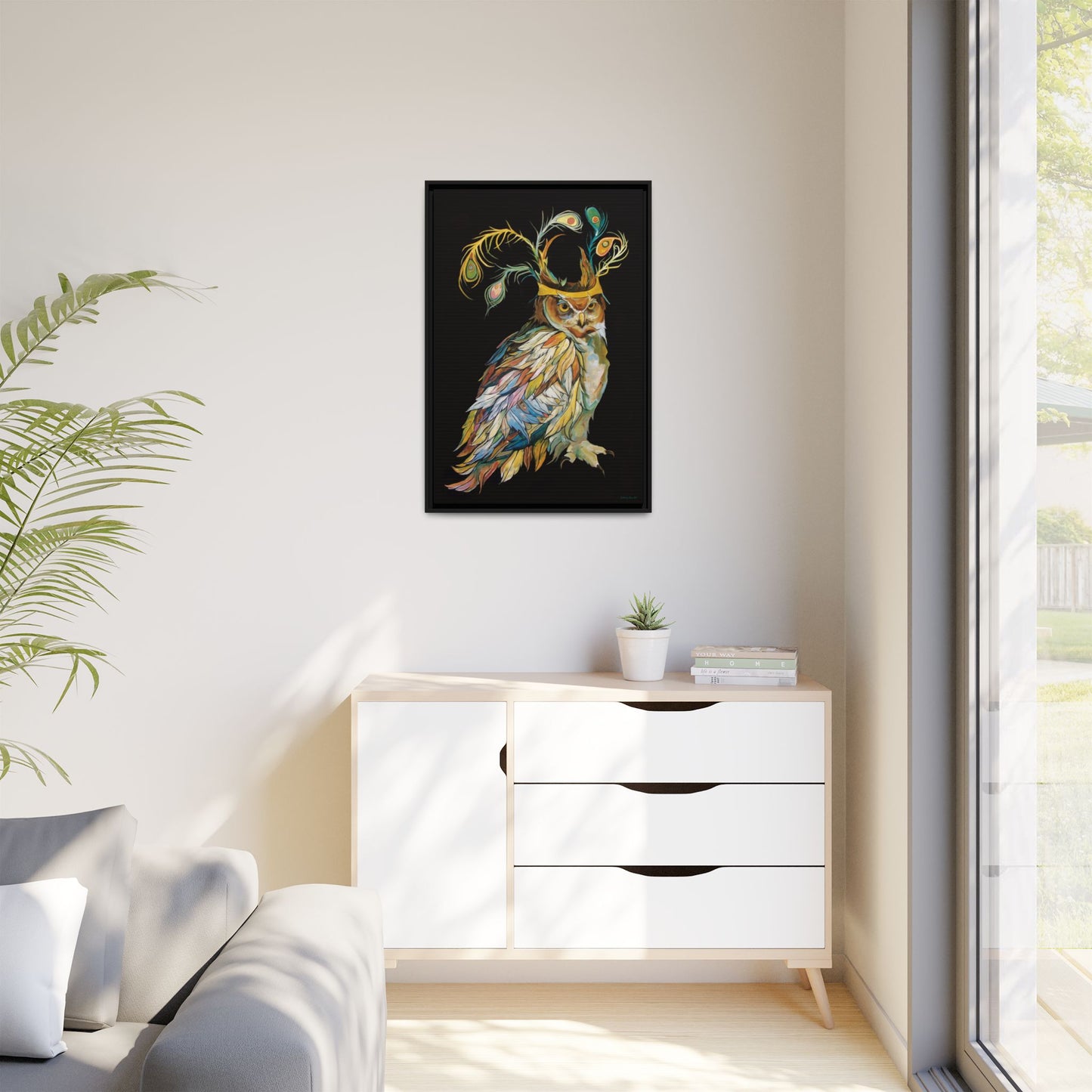 "Owl In A Peacock Crown" Framed Canvas Fine Art Reproduction by Zabrina Fine Art