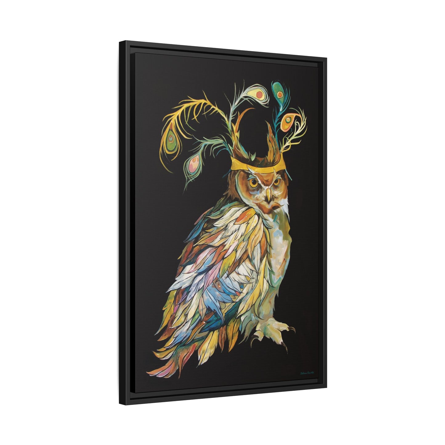 "Owl In A Peacock Crown" Framed Canvas Fine Art Reproduction by Zabrina Fine Art