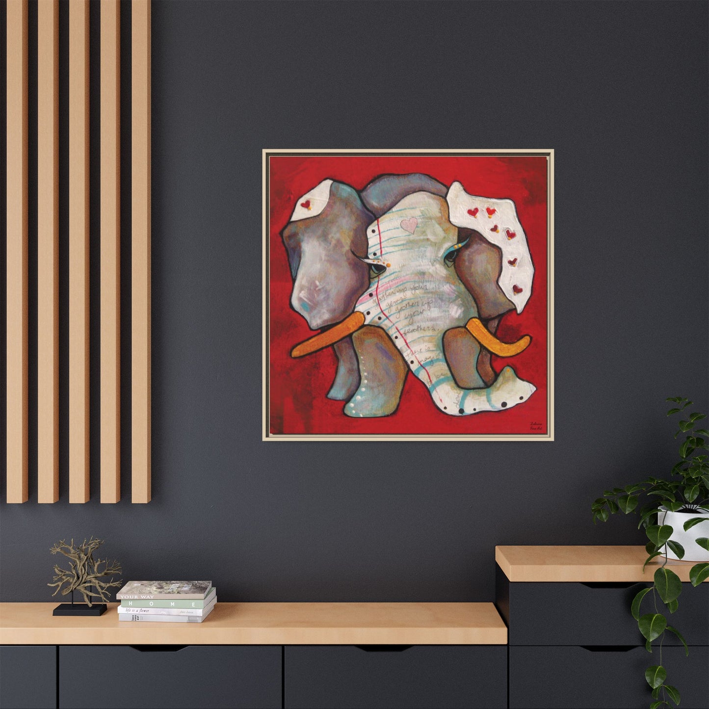 "Red Heart Elephant" Framed Canvas Fine Art Reproduction by Zabrina Fine Art
