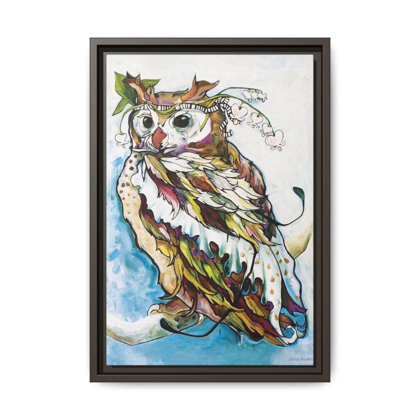 "Owl In Bleeding Hearts Crown" Framed Canvas Fine Art Reproduction by Zabrina Fine Art